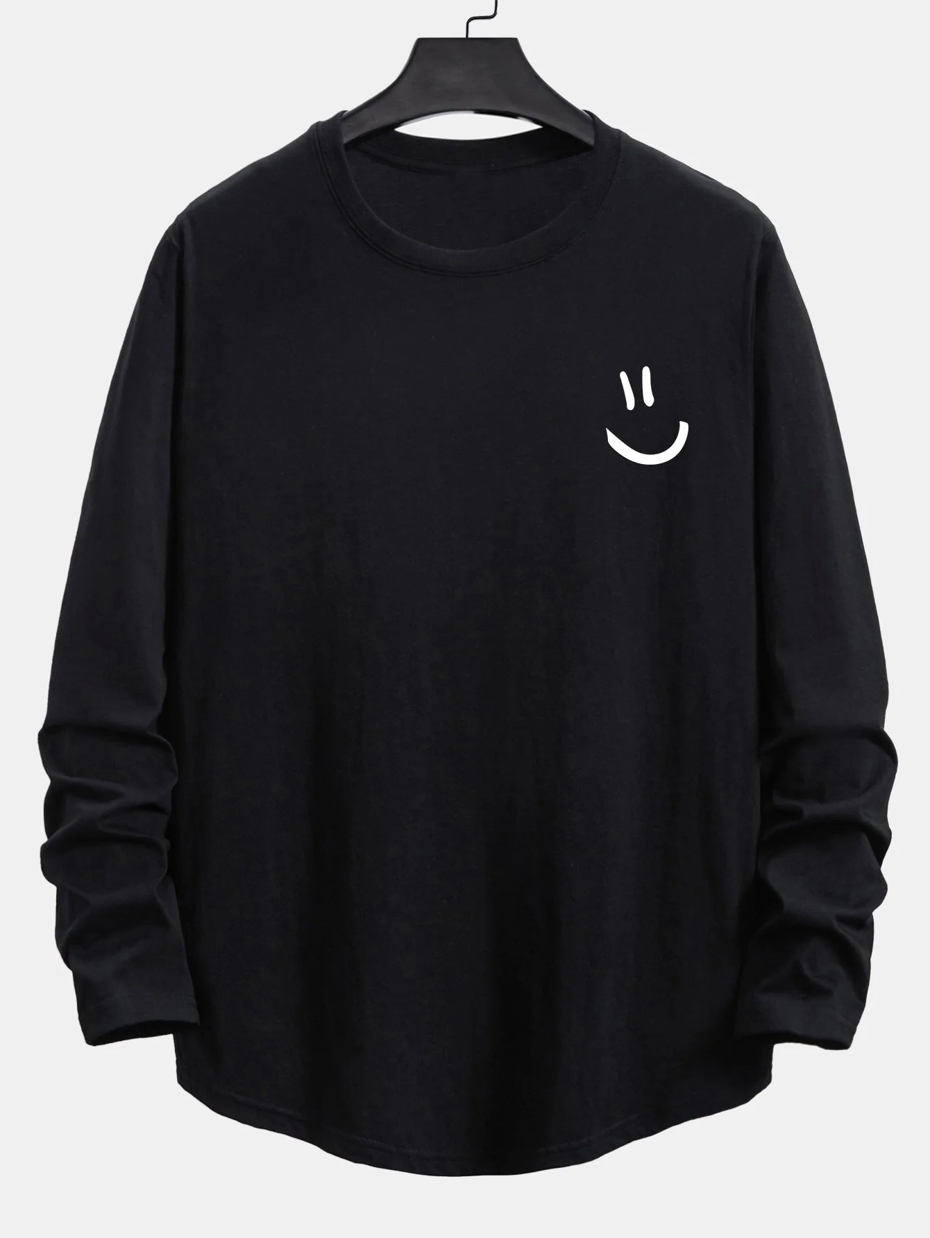 Langarm T-Shirt mit Smiley-Gesicht Druck und abgerundetem Saum aus Baumwolle