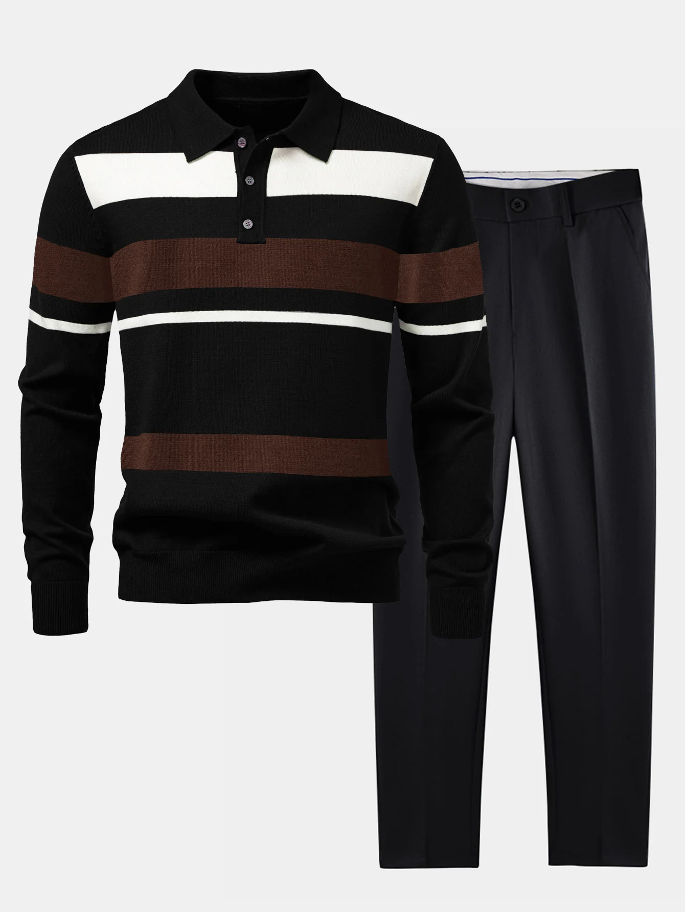 Langarm gestreiftes Strick-Poloshirt & schlanke, konisch geschnittene Hose - Image 2