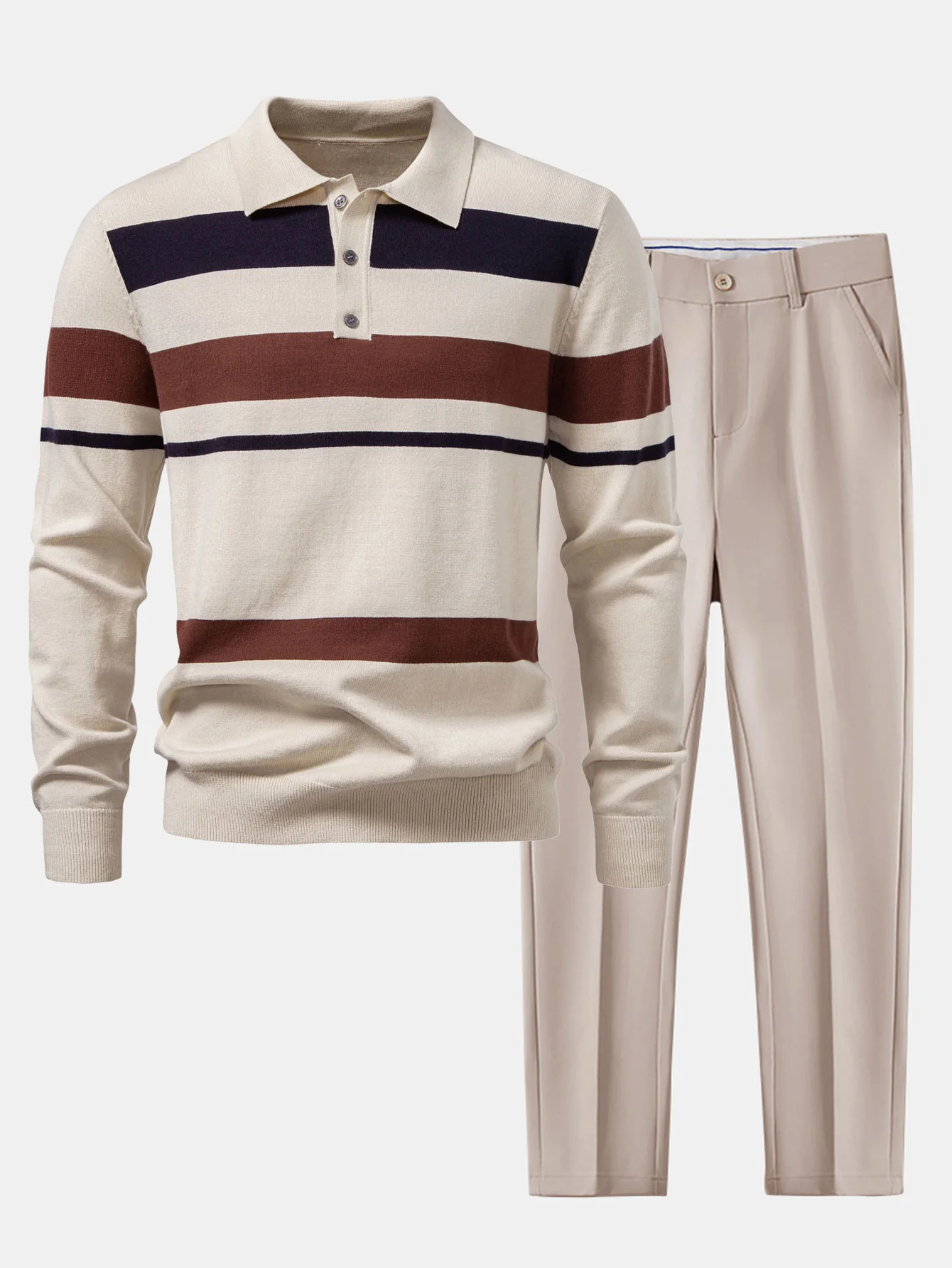 Langarm gestreiftes Strick-Poloshirt & schlanke, konisch geschnittene Hose - Image 3