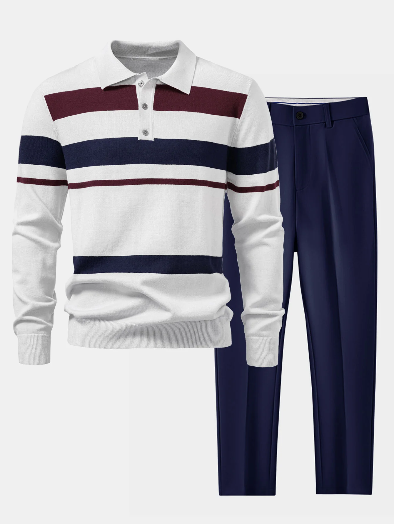 Langarm gestreiftes Strick-Poloshirt & schlanke, konisch geschnittene Hose - Image 4
