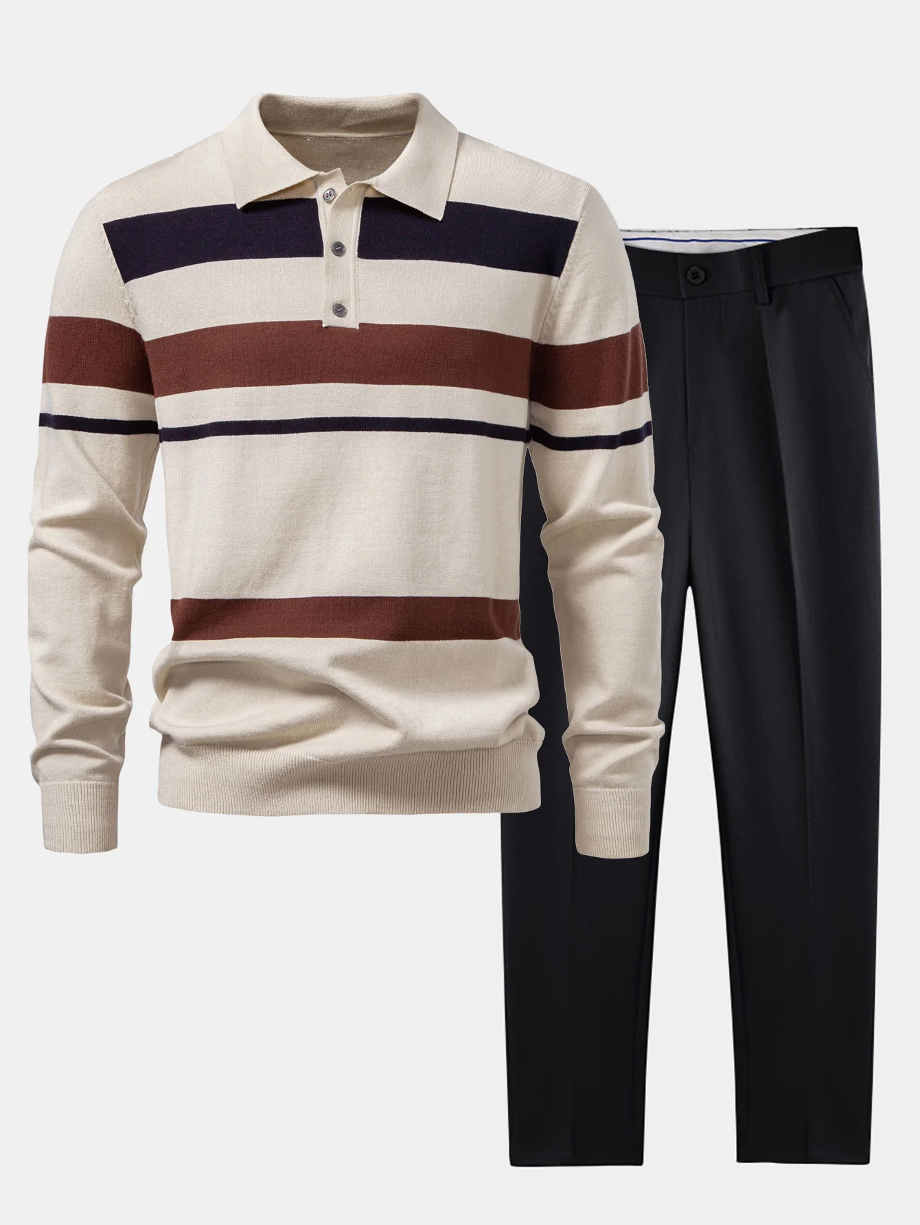 Langarm gestreiftes Strick-Poloshirt & schlanke, konisch geschnittene Hose - Image 5