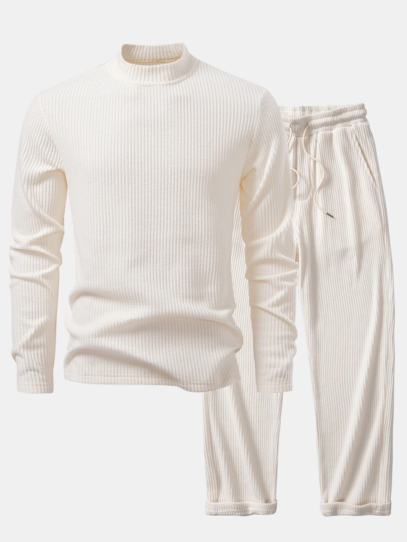 Langarm Waffel Stehkragen T-Shirt & Kordelzug Gestrickte Waffelhose - Image 3