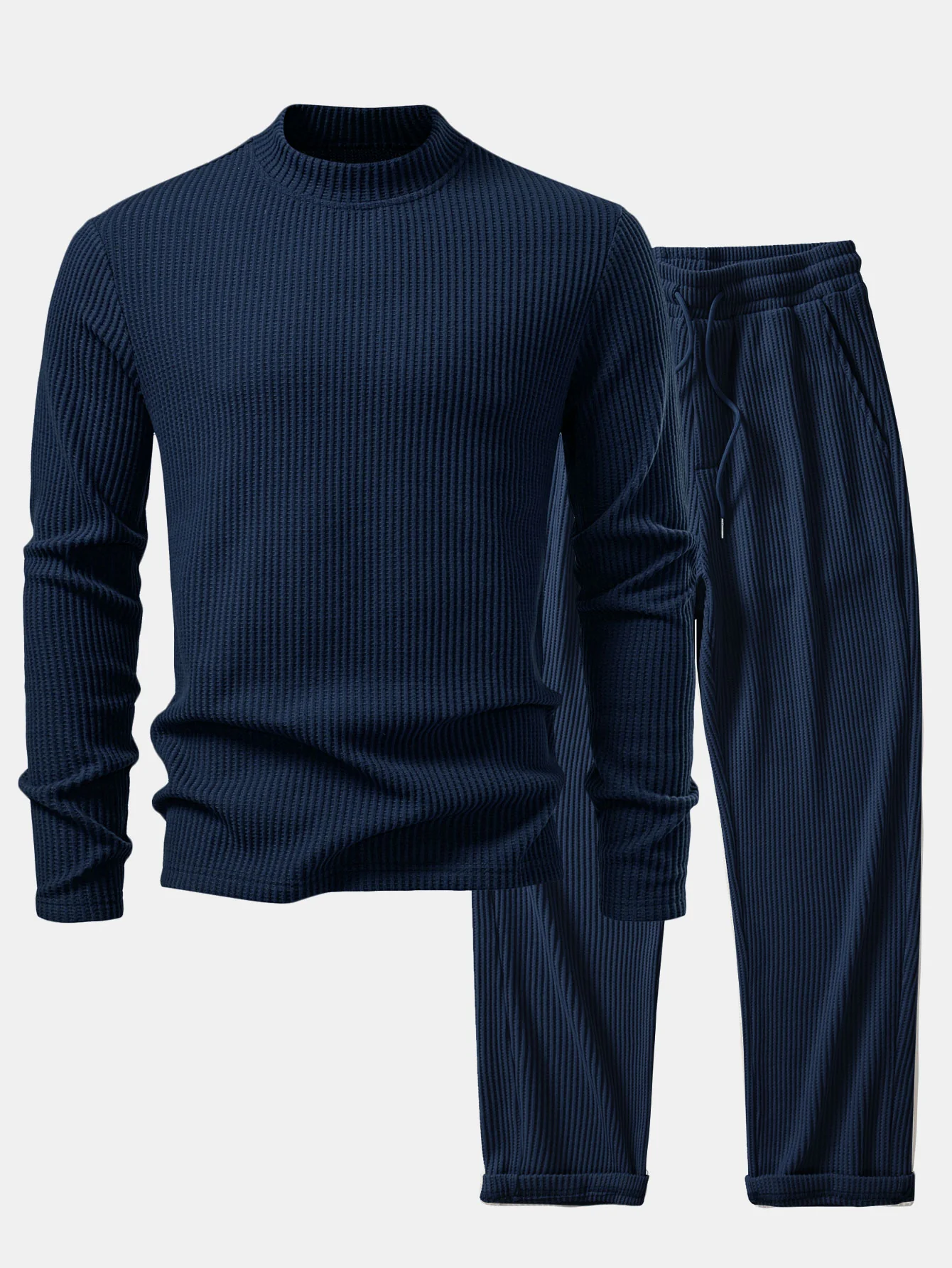 Langarm Waffel Stehkragen T-Shirt & Kordelzug Gestrickte Waffelhose - Image 4