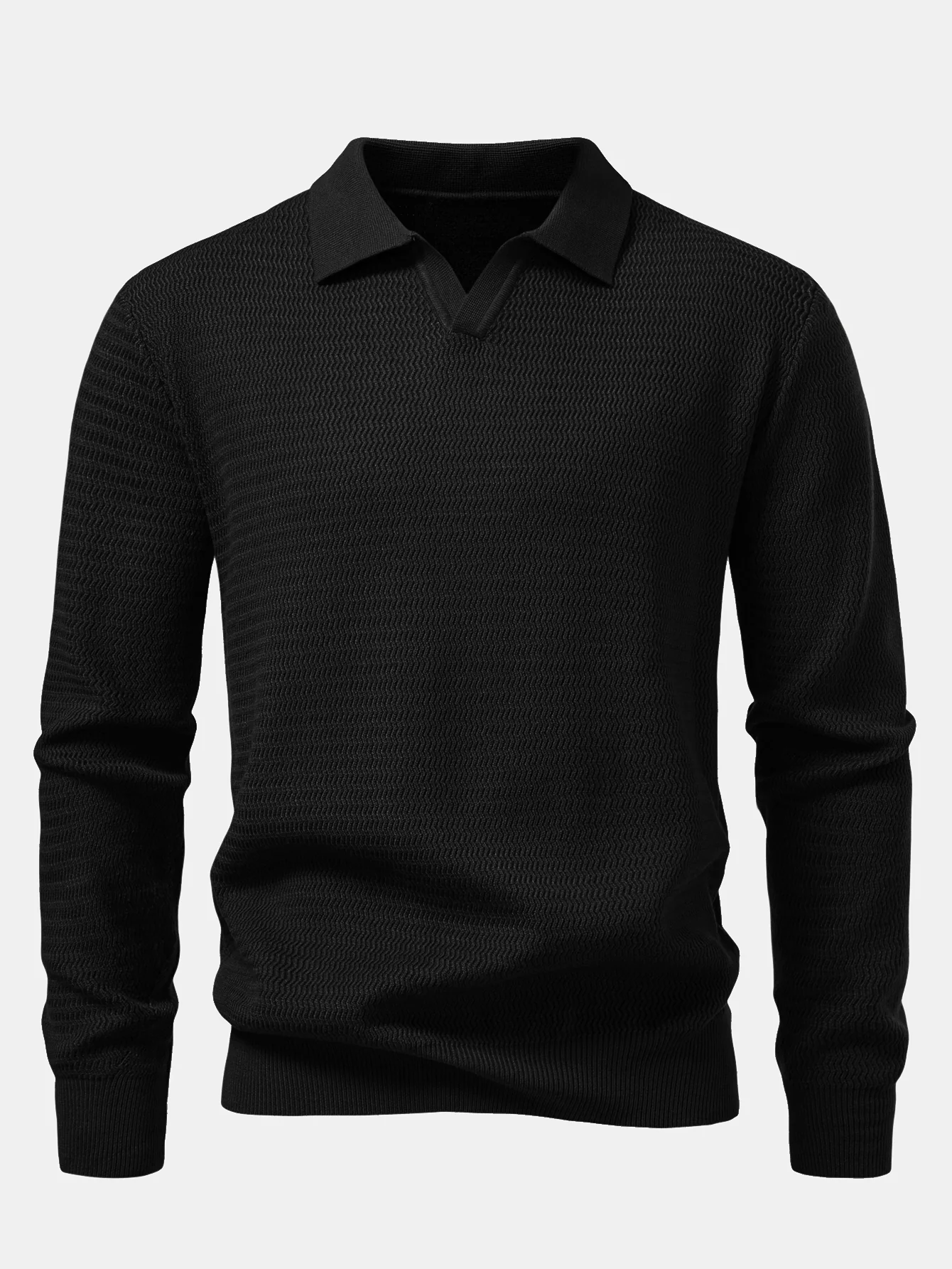 Langarm Wellen Jacquard V-Ausschnitt Strick Poloshirts Shirt - Image 3