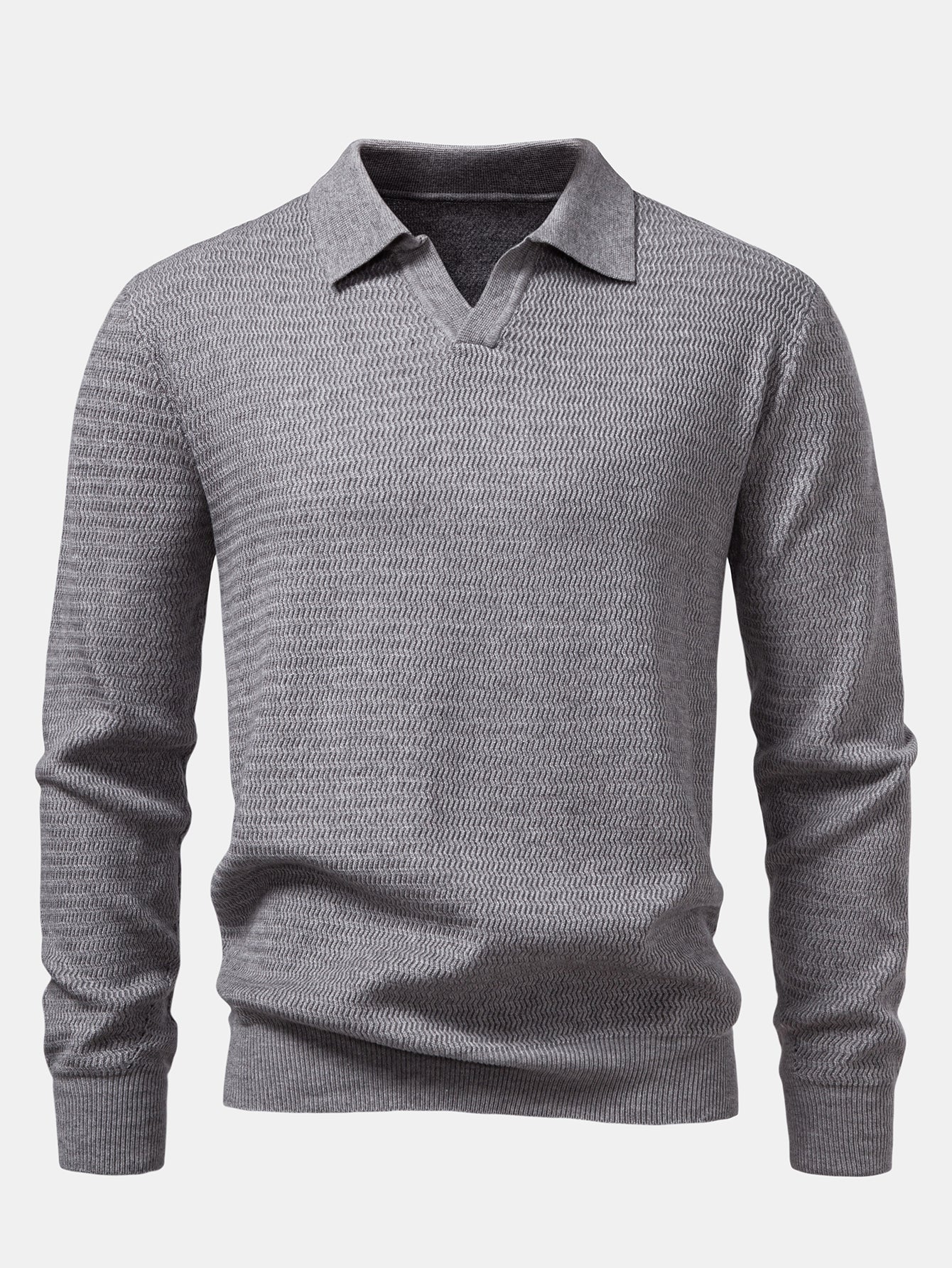 Langarm Wellen Jacquard V-Ausschnitt Strick Poloshirts Shirt - Image 5