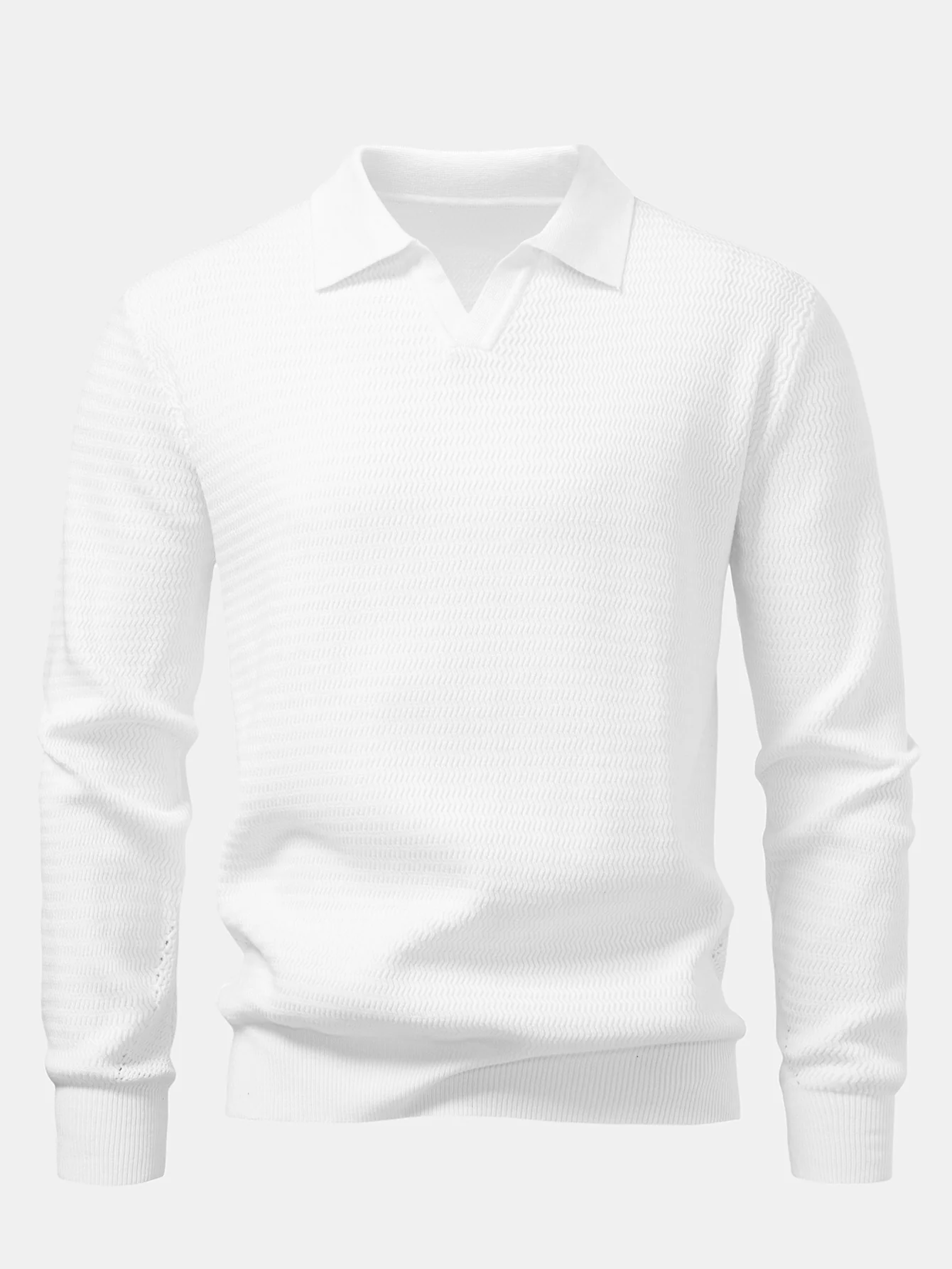 Langarm Wellen Jacquard V-Ausschnitt Strick Poloshirts Shirt - Image 7