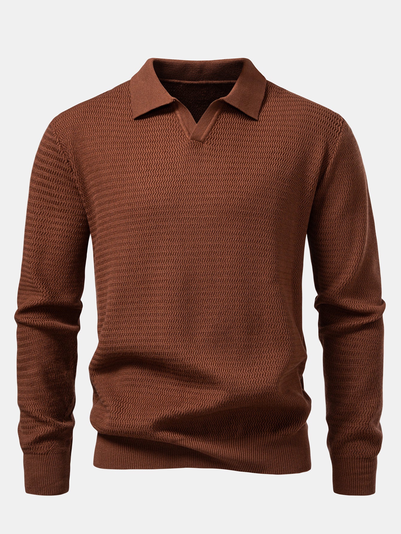 Langarm Wellen Jacquard V-Ausschnitt Strick Poloshirts Shirt - Image 9