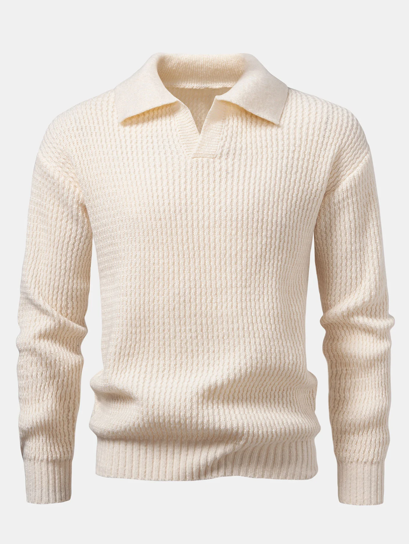 Langarm Wellen Jacquard Strick V-Ausschnitt Poloshirts Shirt