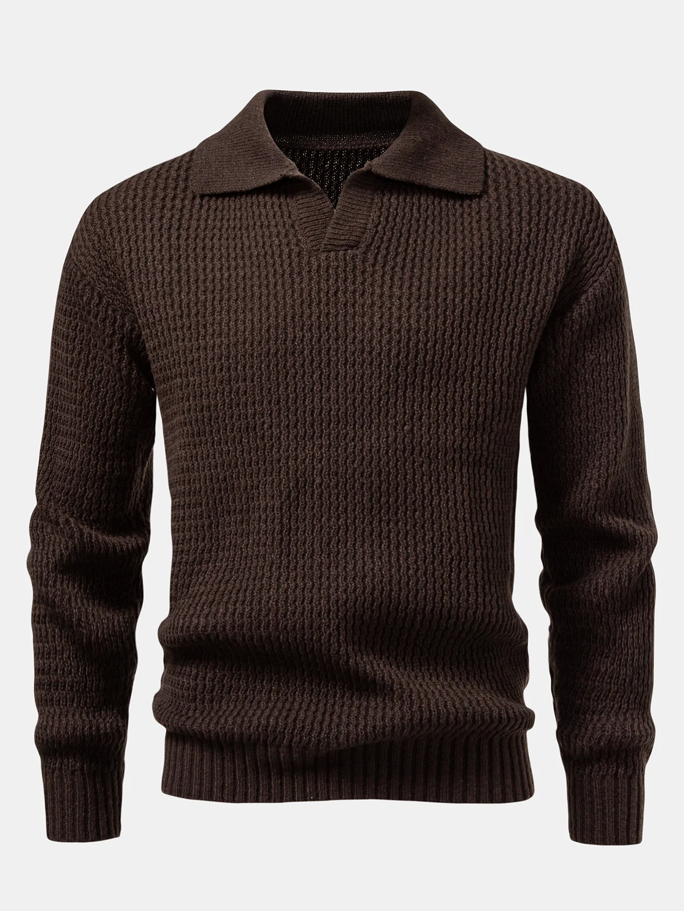 Langarm Wellen Jacquard Strick V-Ausschnitt Poloshirts Shirt - Image 5