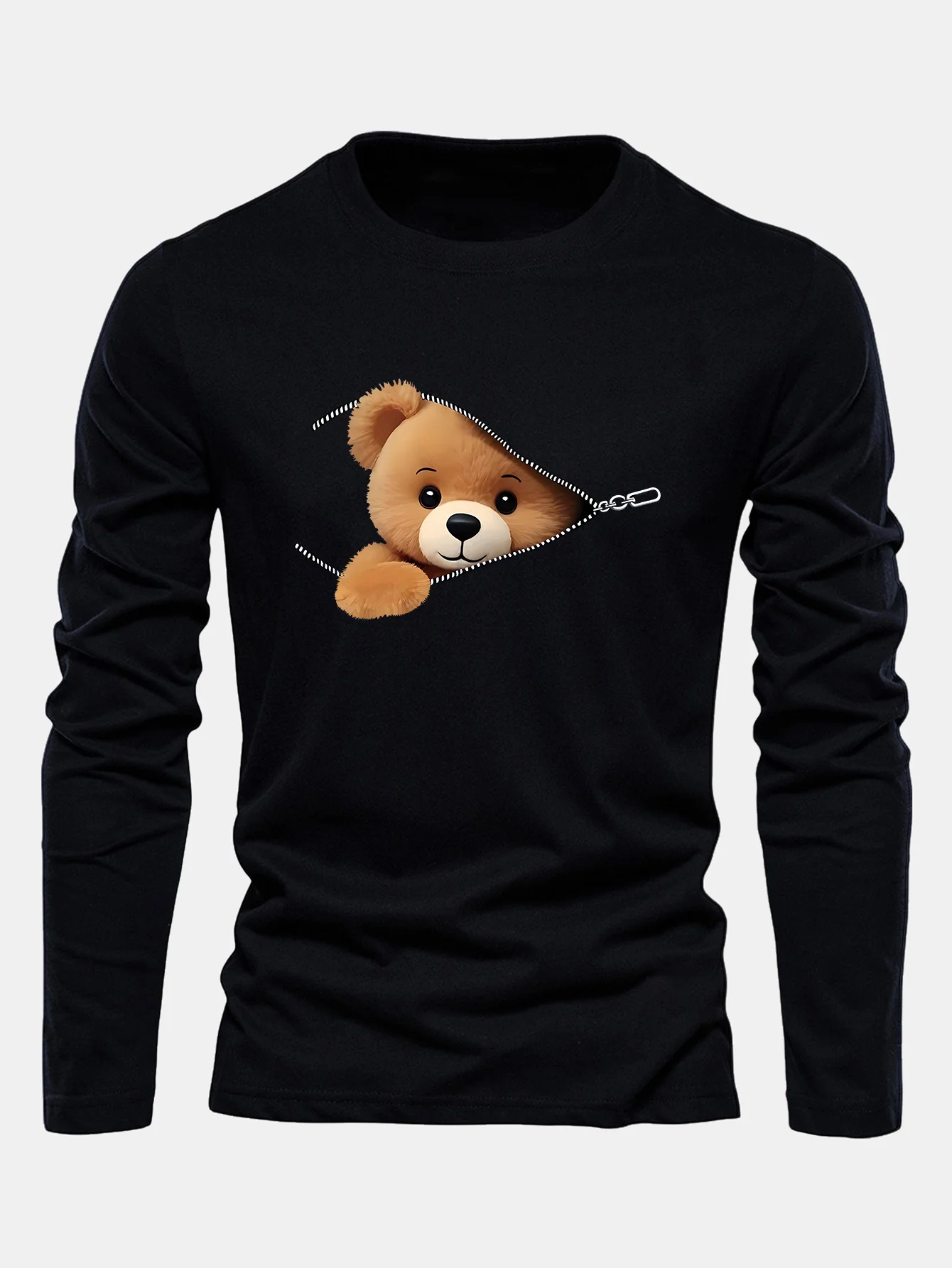 Langarm Reißverschluss Bär Druck Baumwoll T-Shirt