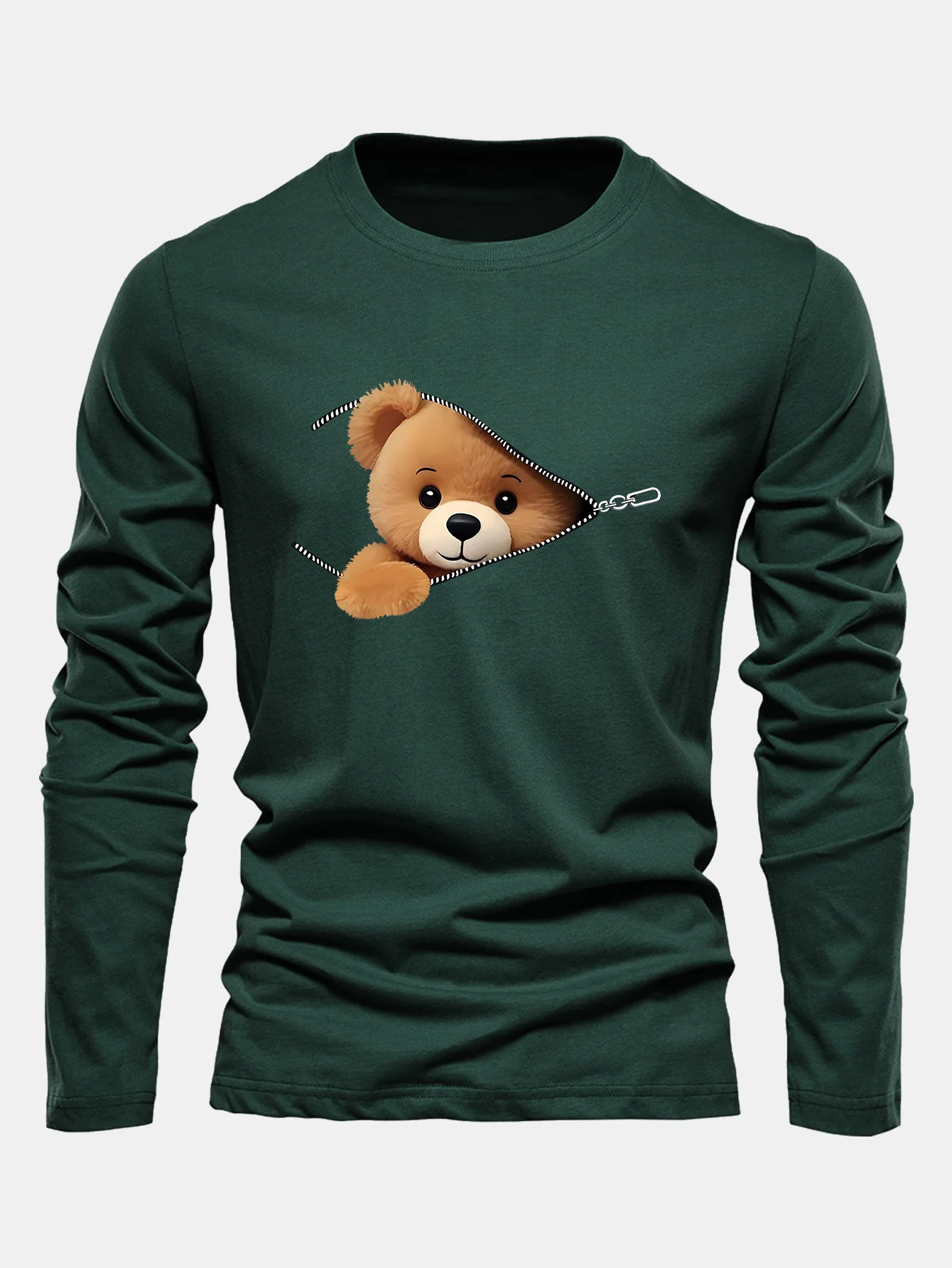 Langarm Reißverschluss Bär Druck Baumwoll T-Shirt - Image 2