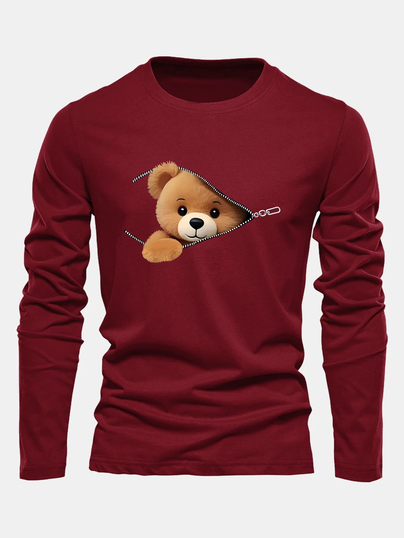 Langarm Reißverschluss Bär Druck Baumwoll T-Shirt - Image 3