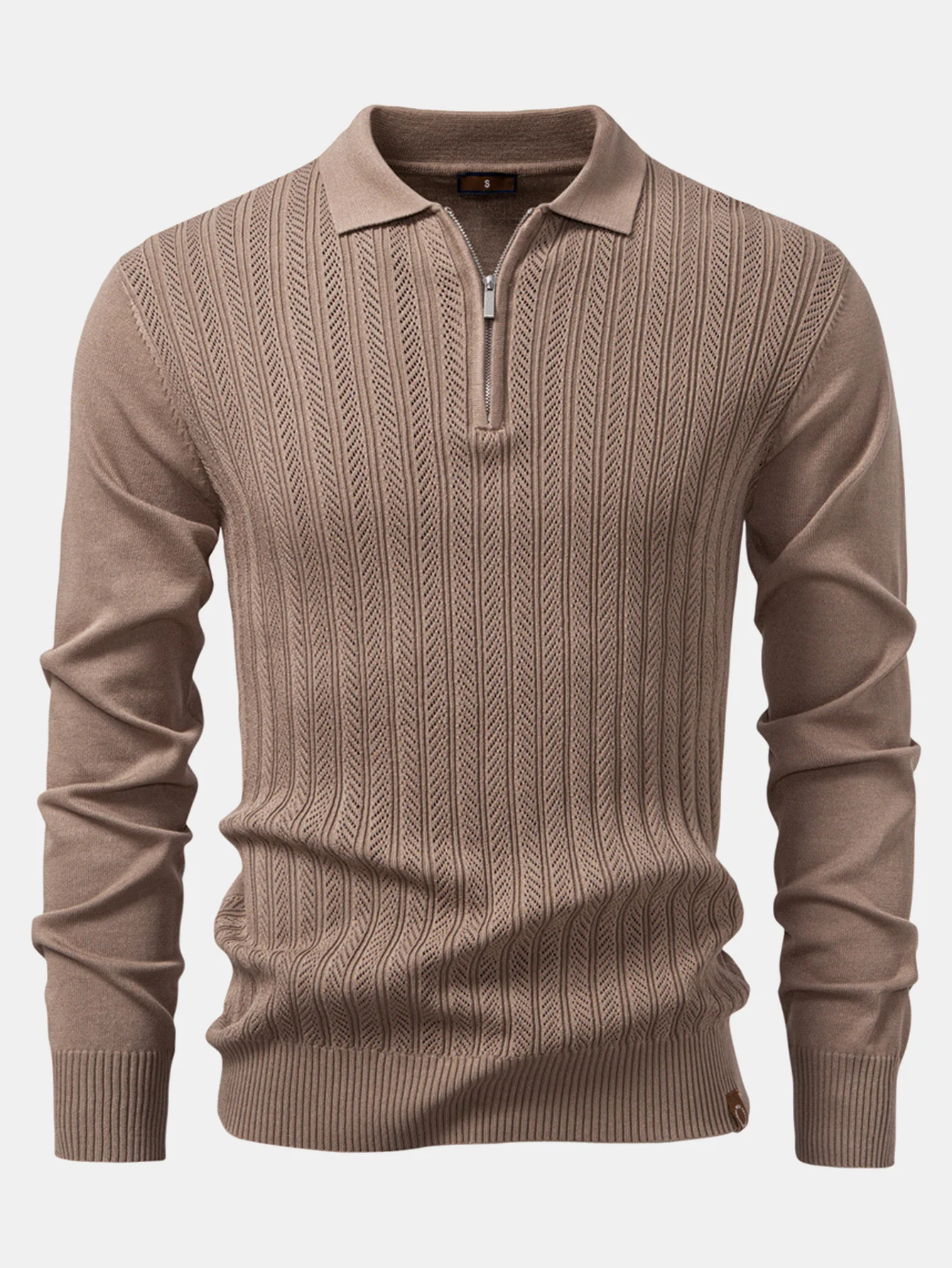 Langärmliges gestricktes geometrisches Jacquard-Poloshirt mit Reißverschluss - Image 3