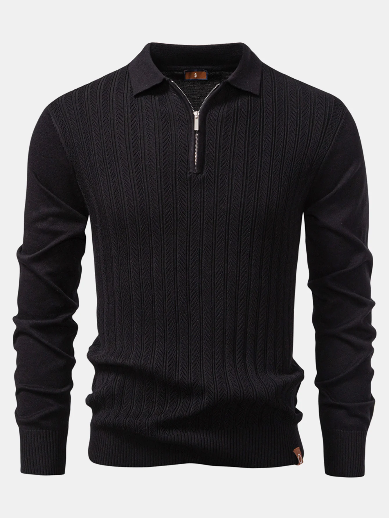 Langärmliges gestricktes geometrisches Jacquard-Poloshirt mit Reißverschluss - Image 5