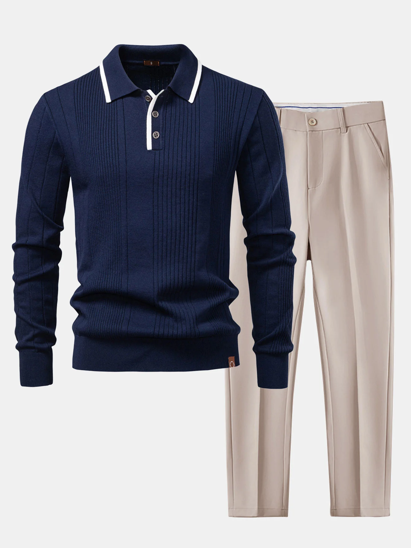 Langärmliges gestricktes gestreiftes Jacquard-Poloshirt & schlanke, konisch geschnittene Hose