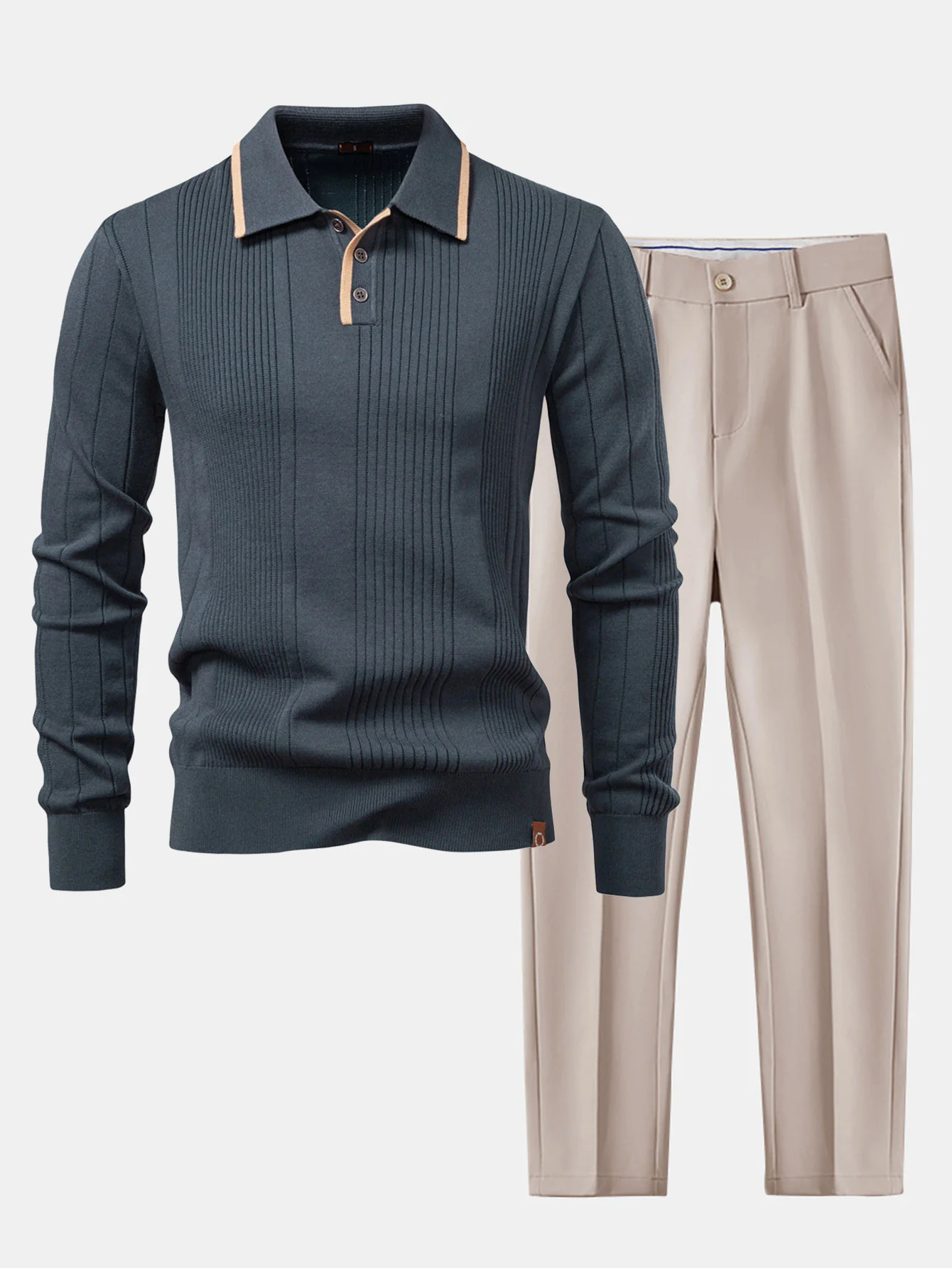 Langärmliges gestricktes gestreiftes Jacquard-Poloshirt & schlanke, konisch geschnittene Hose - Image 2