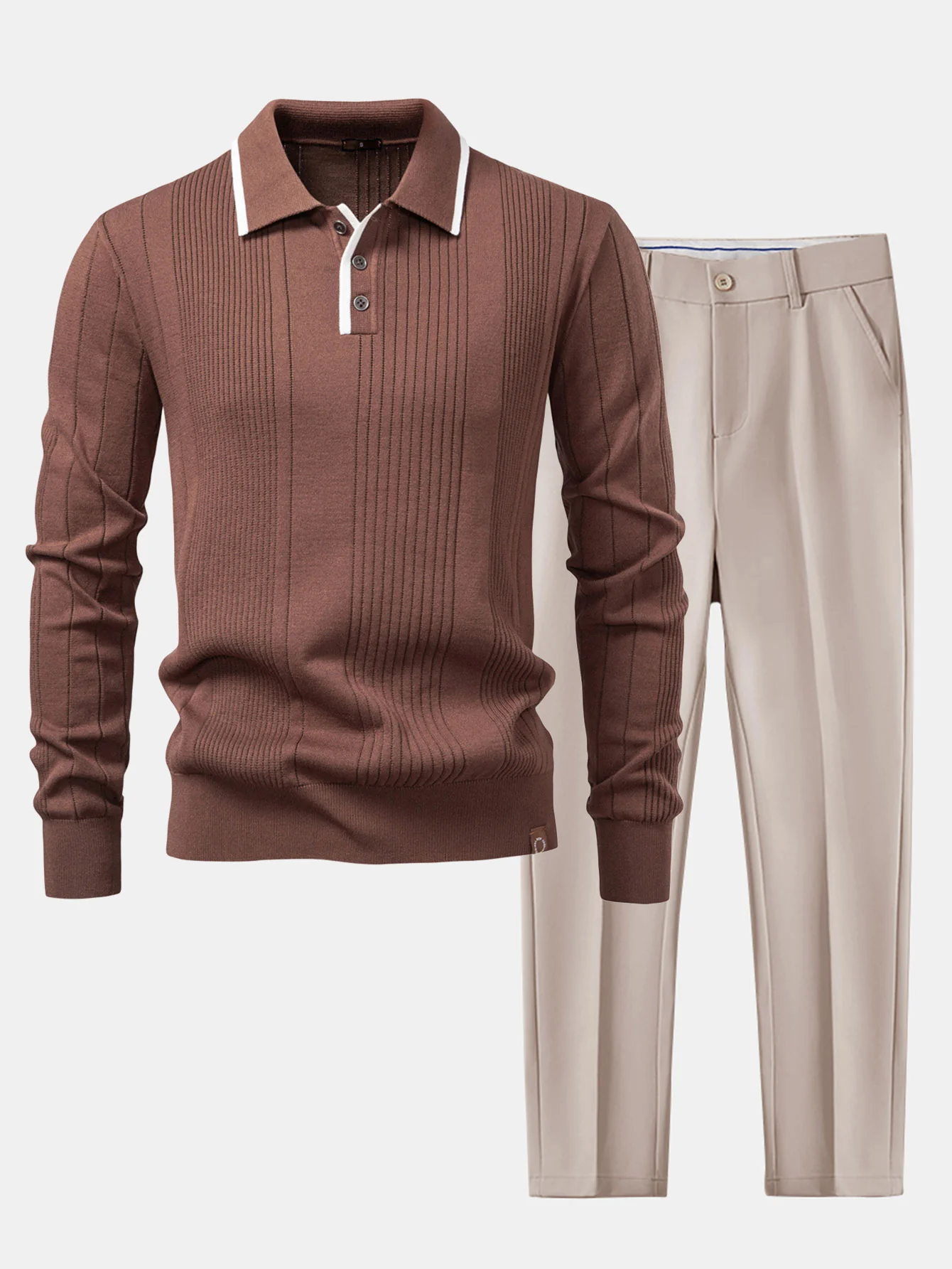 Langärmliges gestricktes gestreiftes Jacquard-Poloshirt & schlanke, konisch geschnittene Hose - Image 3