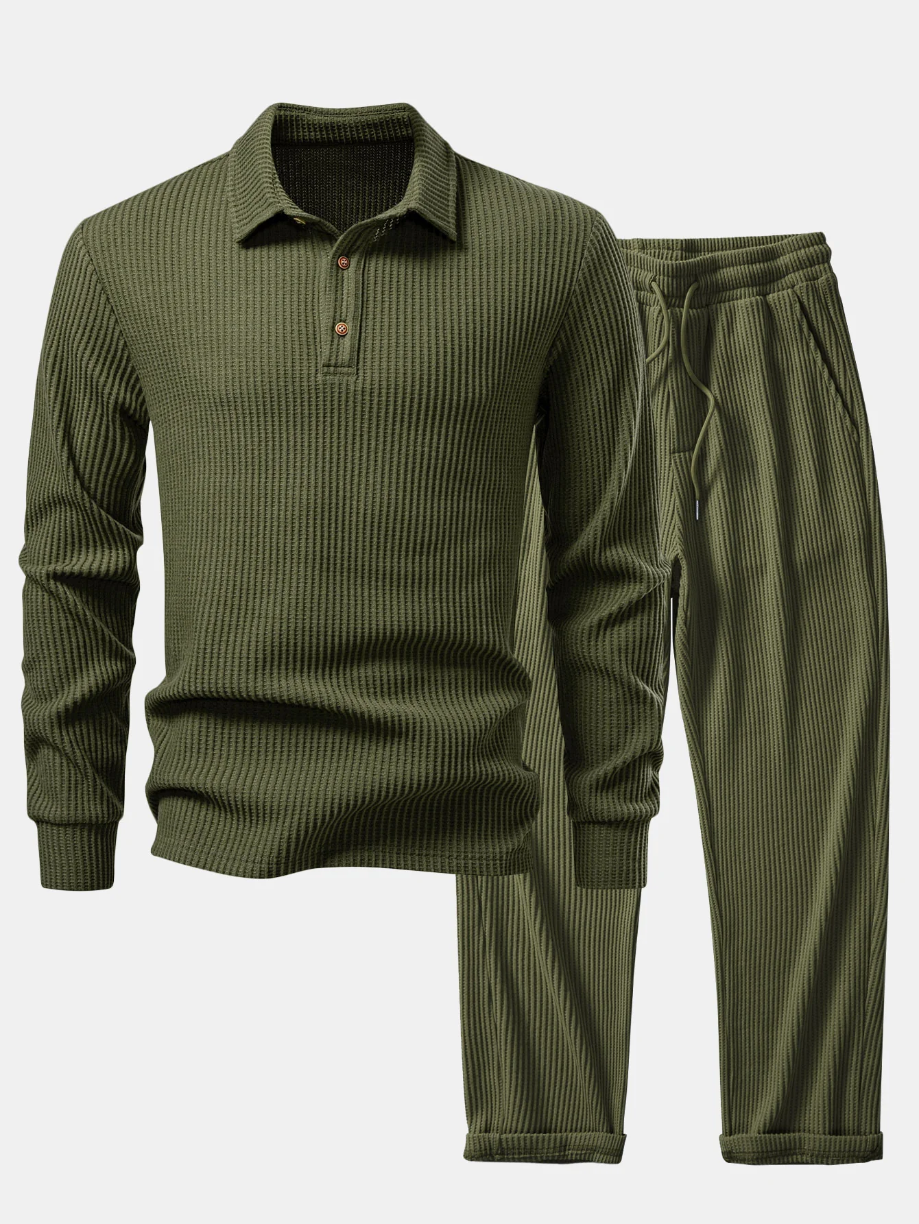 Langärmliges gestricktes Waffel-Poloshirts & gestrickte Waffel-Hose mit Kordelzug - Image 2