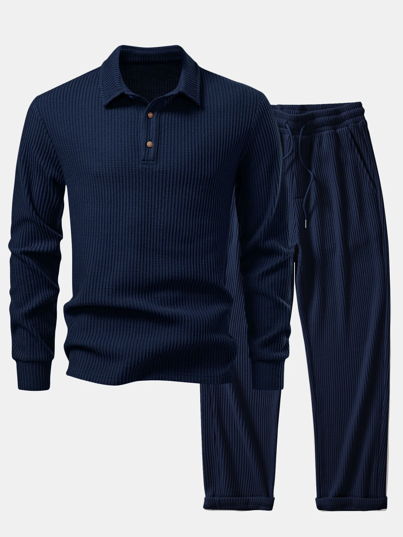 Langärmliges gestricktes Waffel-Poloshirts & gestrickte Waffel-Hose mit Kordelzug - Image 3