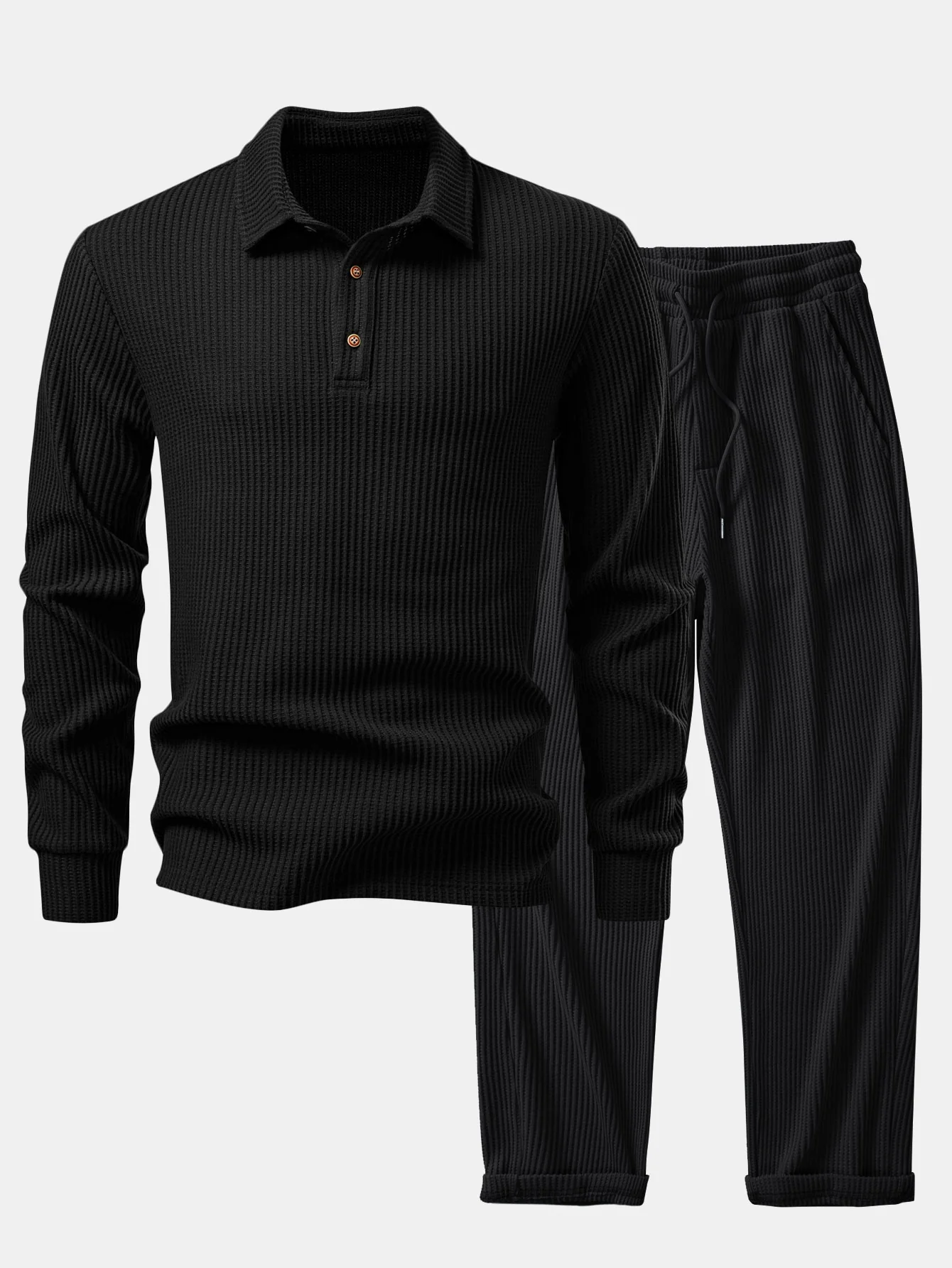 Langärmliges gestricktes Waffel-Poloshirts & gestrickte Waffel-Hose mit Kordelzug - Image 4