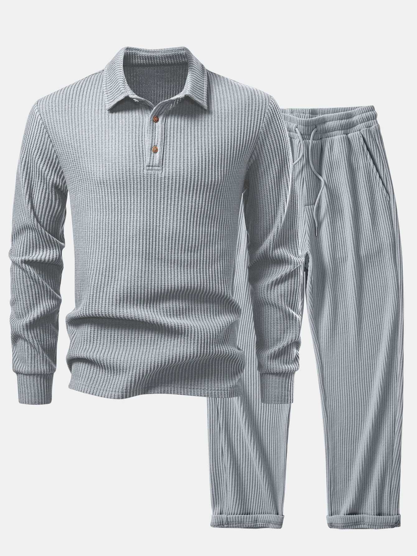Langärmliges gestricktes Waffel-Poloshirts & gestrickte Waffel-Hose mit Kordelzug - Image 5
