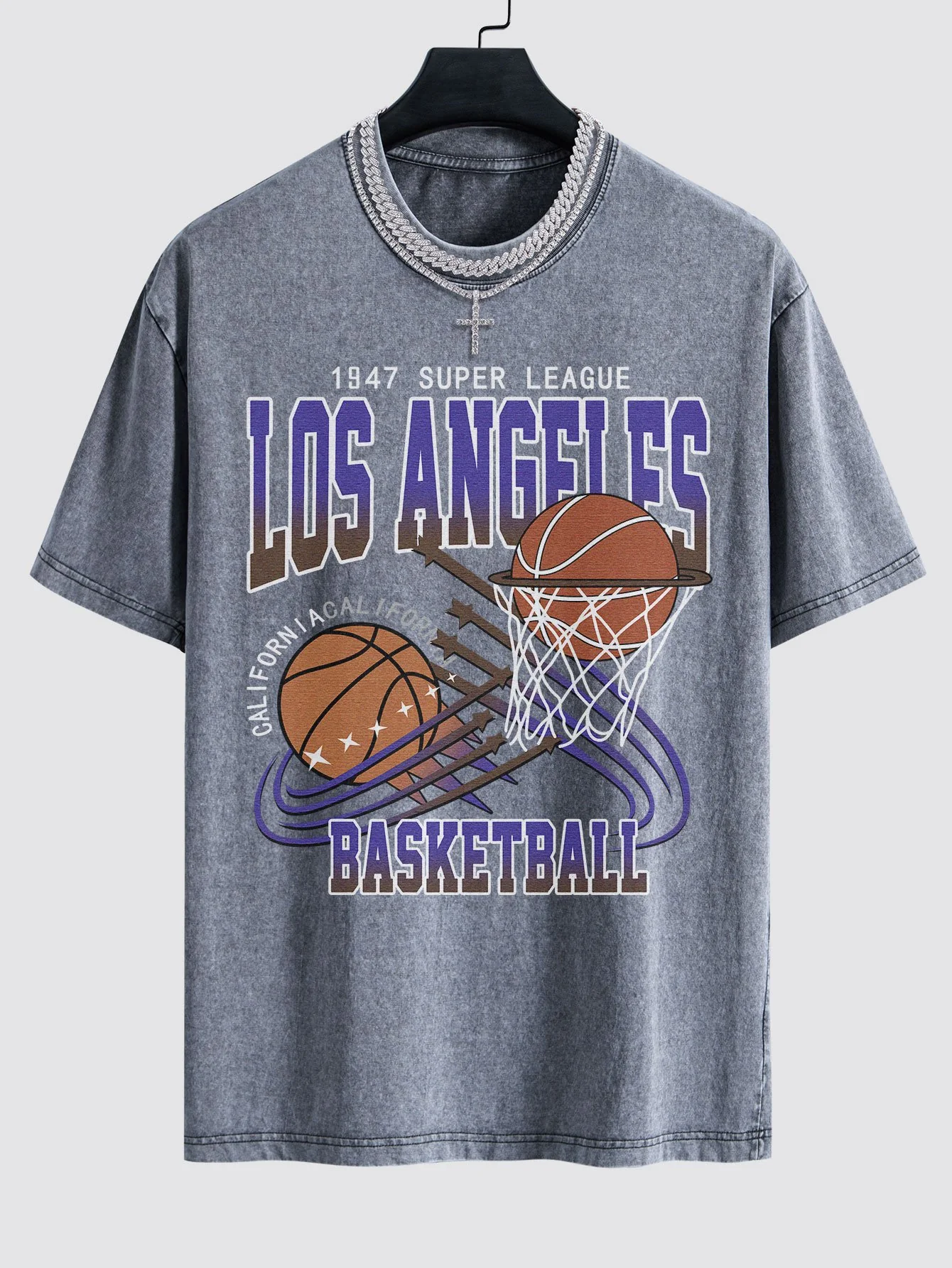 Los Angeles Basketball Druck Gewaschen Drop Shoulder Oversize T-Shirt - Image 2