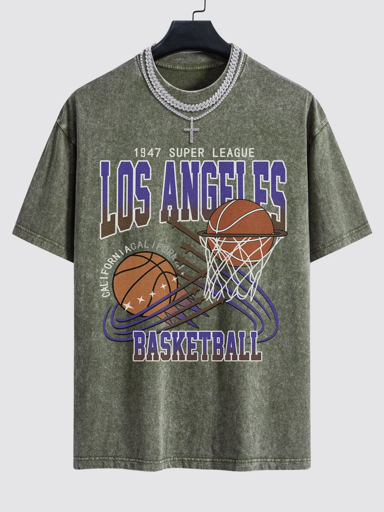 Los Angeles Basketball Druck Gewaschen Drop Shoulder Oversize T-Shirt - Image 3