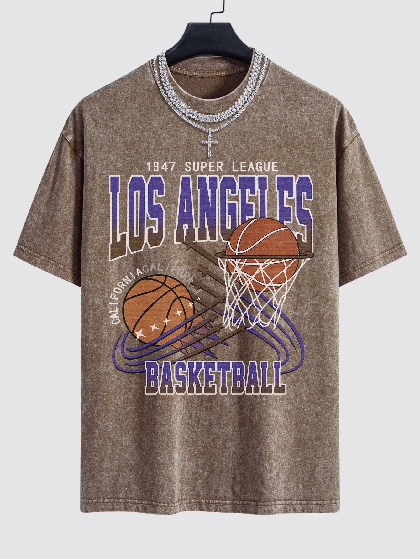 Los Angeles Basketball Druck Gewaschen Drop Shoulder Oversize T-Shirt - Image 4