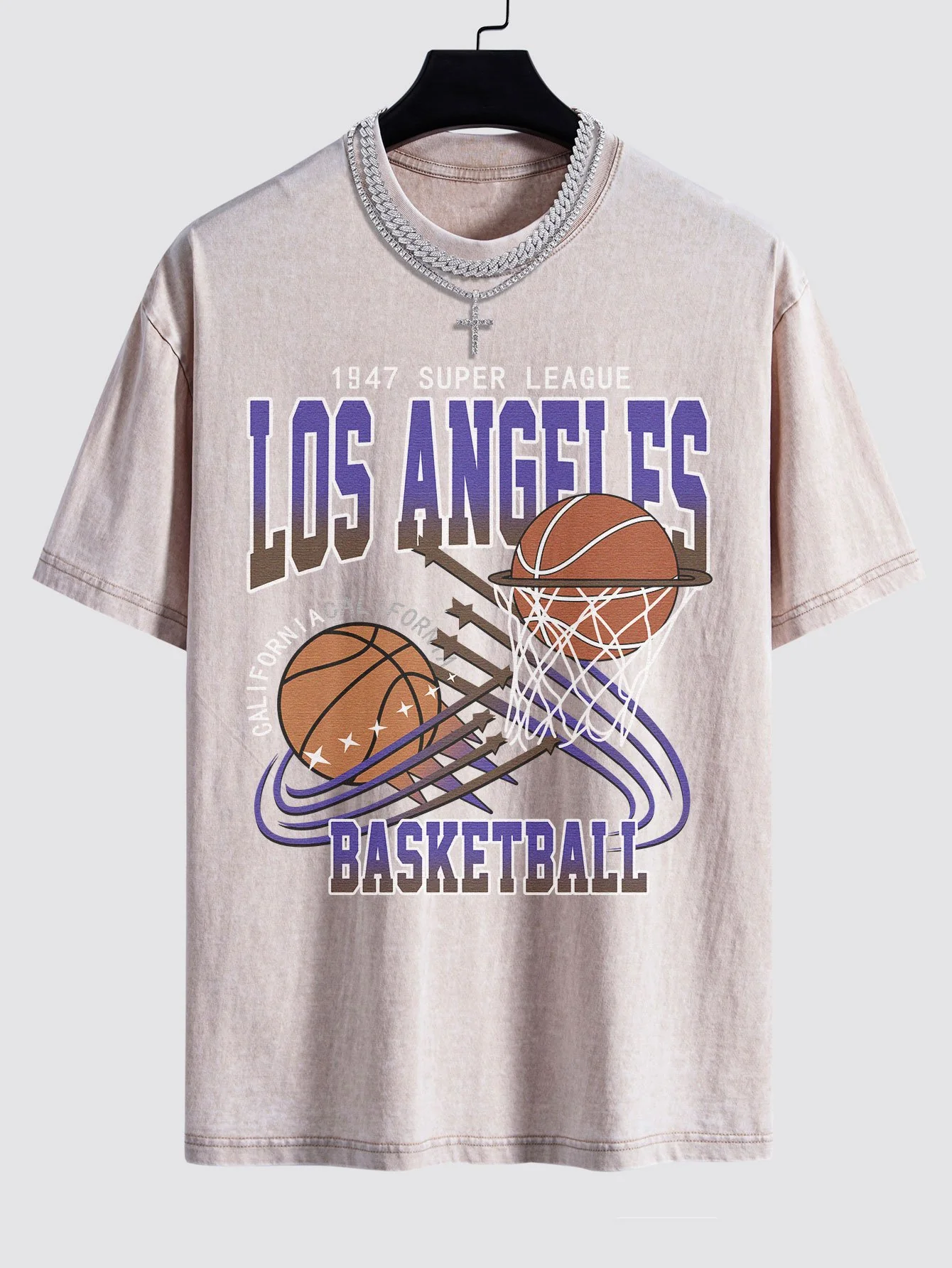 Los Angeles Basketball Druck Gewaschen Drop Shoulder Oversize T-Shirt - Image 5
