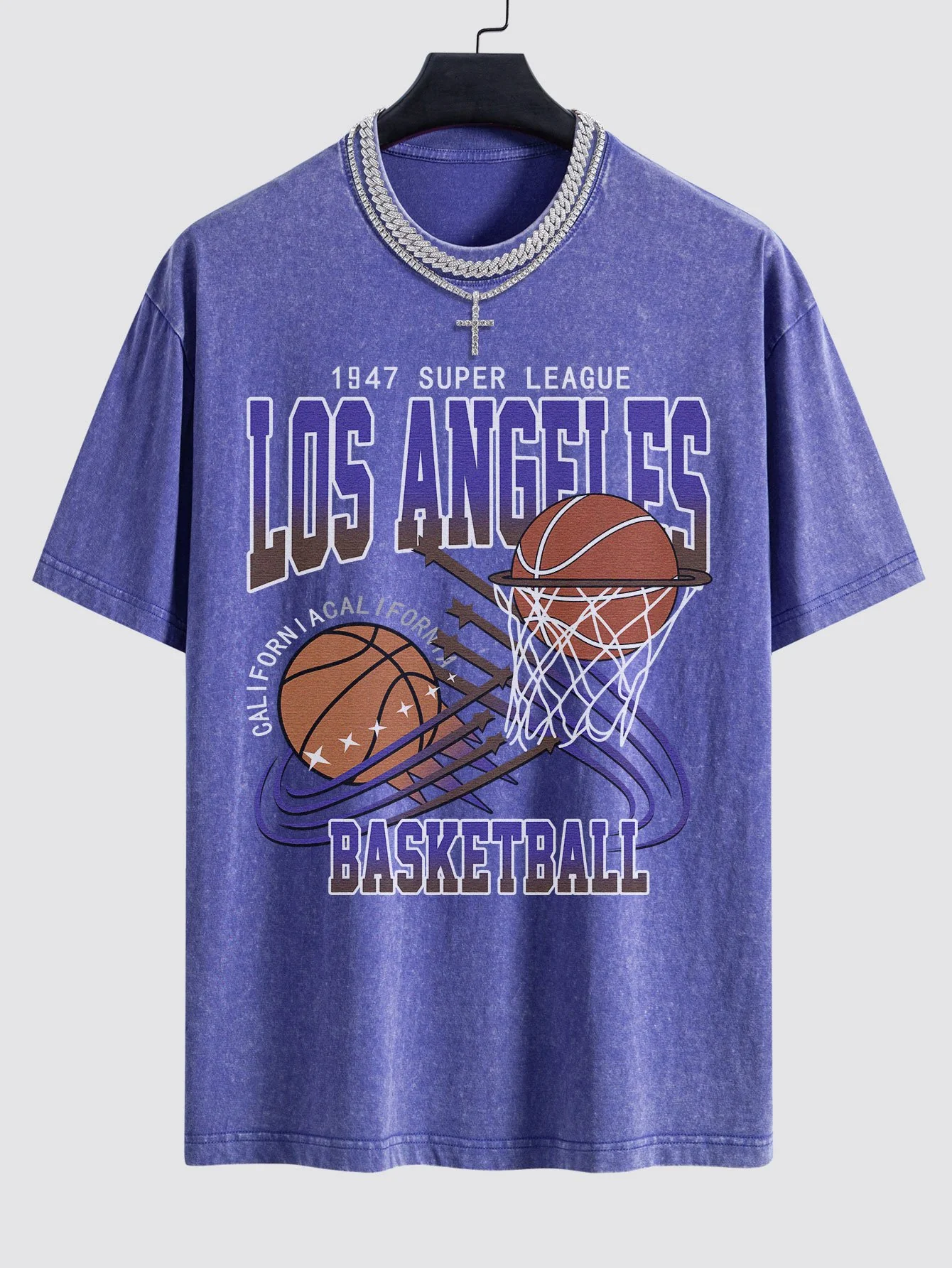 Los Angeles Basketball Druck Gewaschen Drop Shoulder Oversize T-Shirt - Image 6