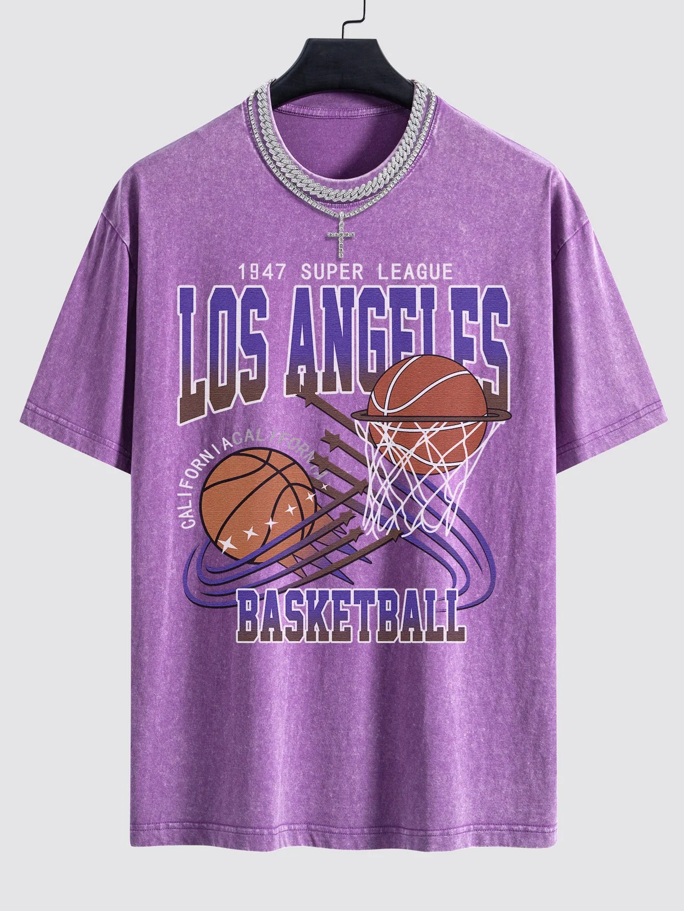 Los Angeles Basketball Druck Gewaschen Drop Shoulder Oversize T-Shirt - Image 7