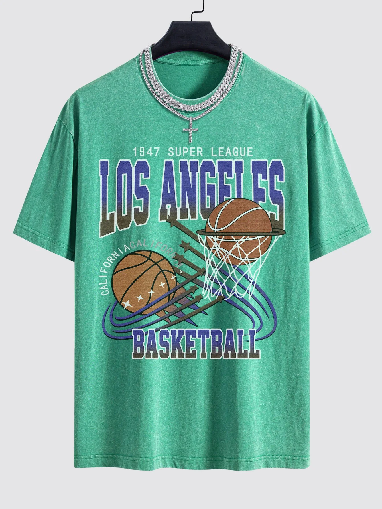 Los Angeles Basketball Druck Gewaschen Drop Shoulder Oversize T-Shirt - Image 8