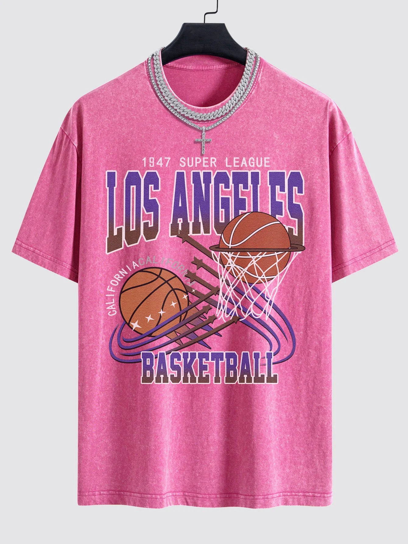 Los Angeles Basketball Druck Gewaschen Drop Shoulder Oversize T-Shirt - Image 9