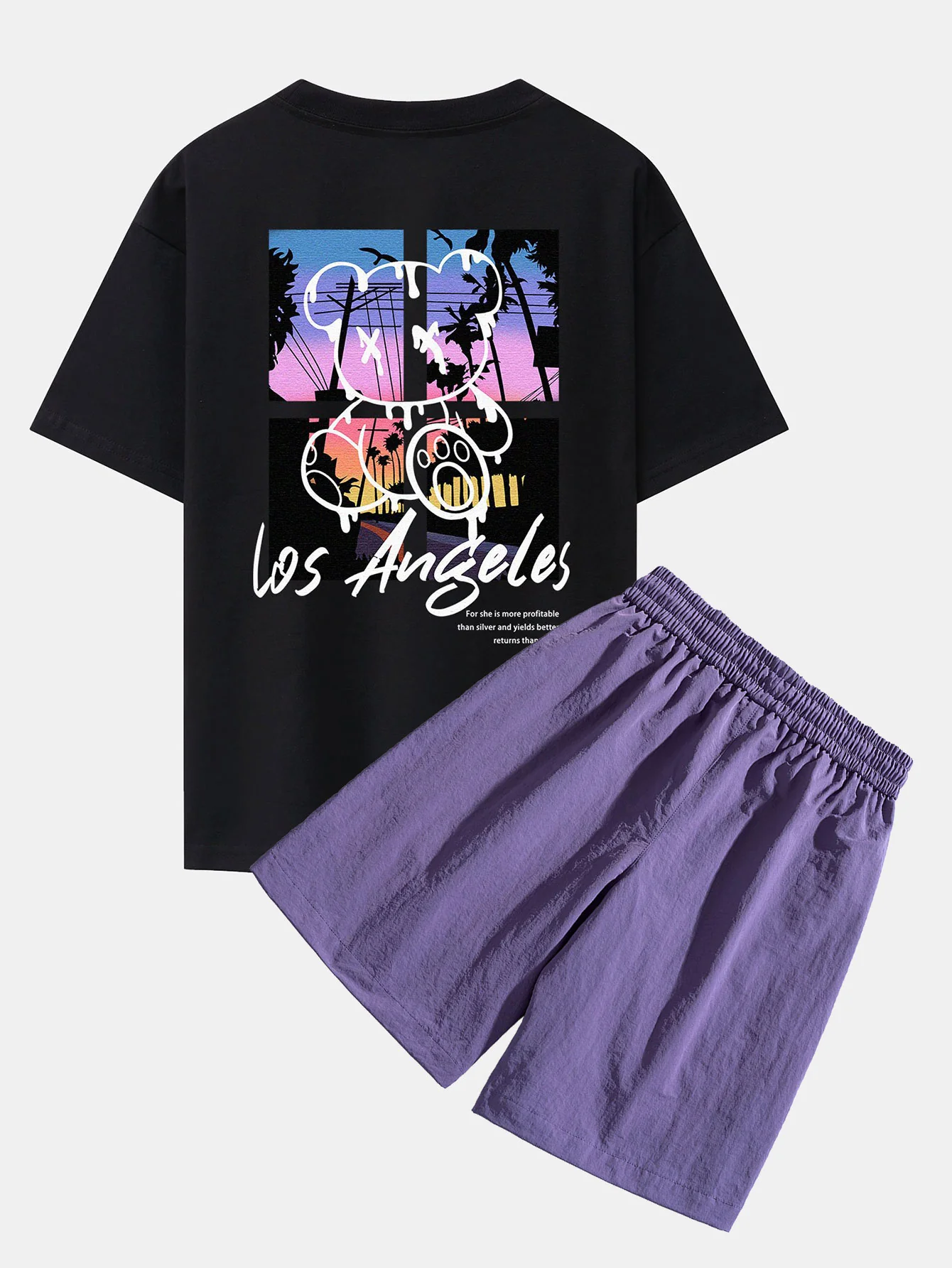 Los Angeles Illustration Bären Druck Drop Shoulder Oversize T-Shirt & Patch Pocket Drawstring Shorts - Image 3
