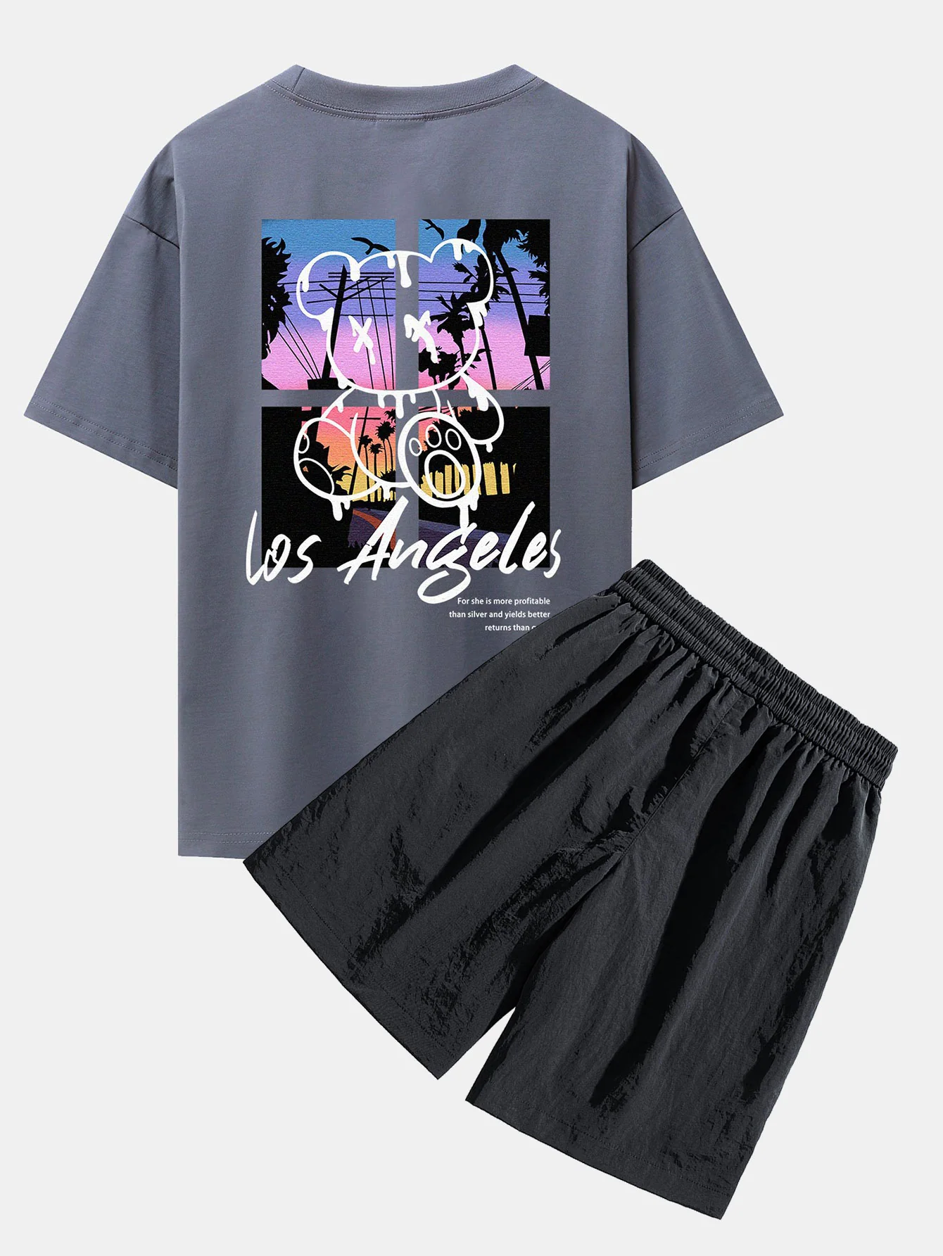 Los Angeles Illustration Bären Druck Drop Shoulder Oversize T-Shirt & Patch Pocket Drawstring Shorts - Image 5