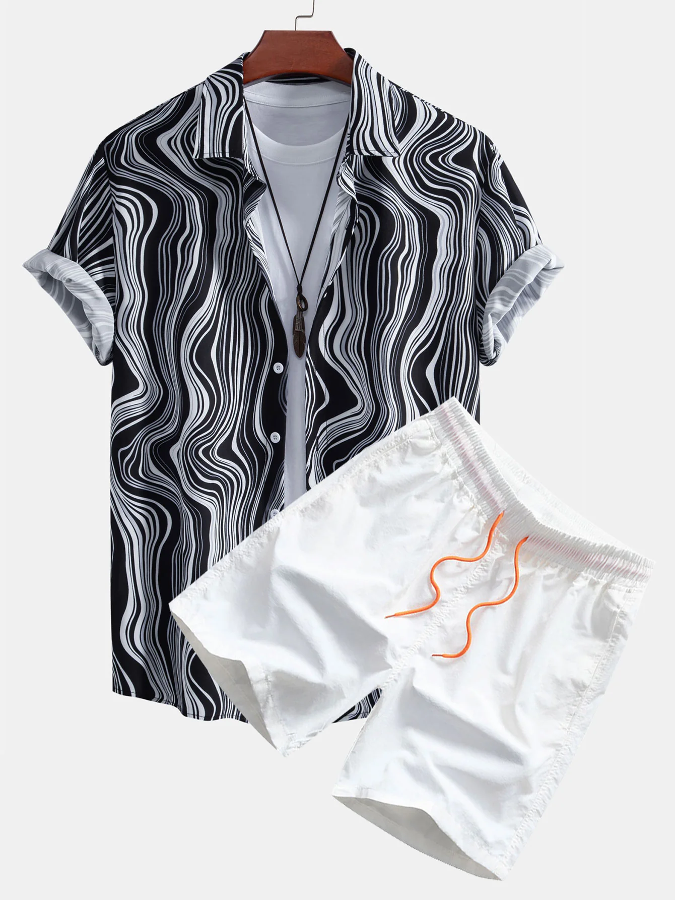 Marmorstruktur Druck Hemd mit Knopfleiste & Badehose - Image 2
