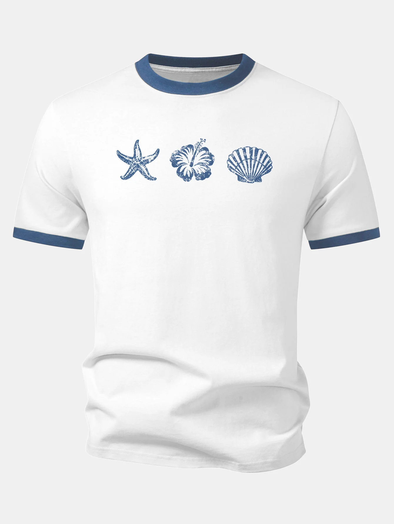 Starfish Hibiscus Shells Print Contrast Ringer T-Shirt