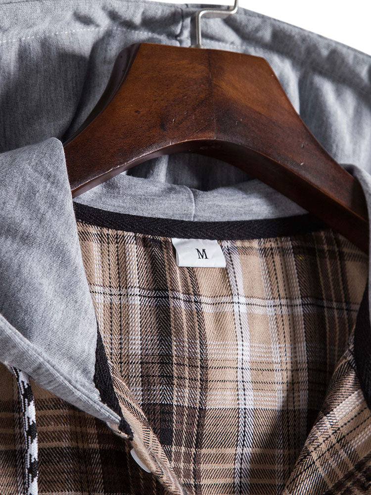 Herren Kontrast Kapuzenzug Plaid Hemd - Image 3