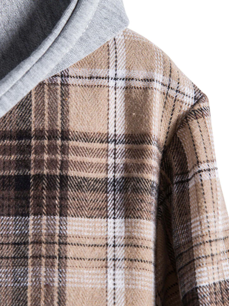 Herren Kontrast Kapuzenzug Plaid Hemd - Image 4