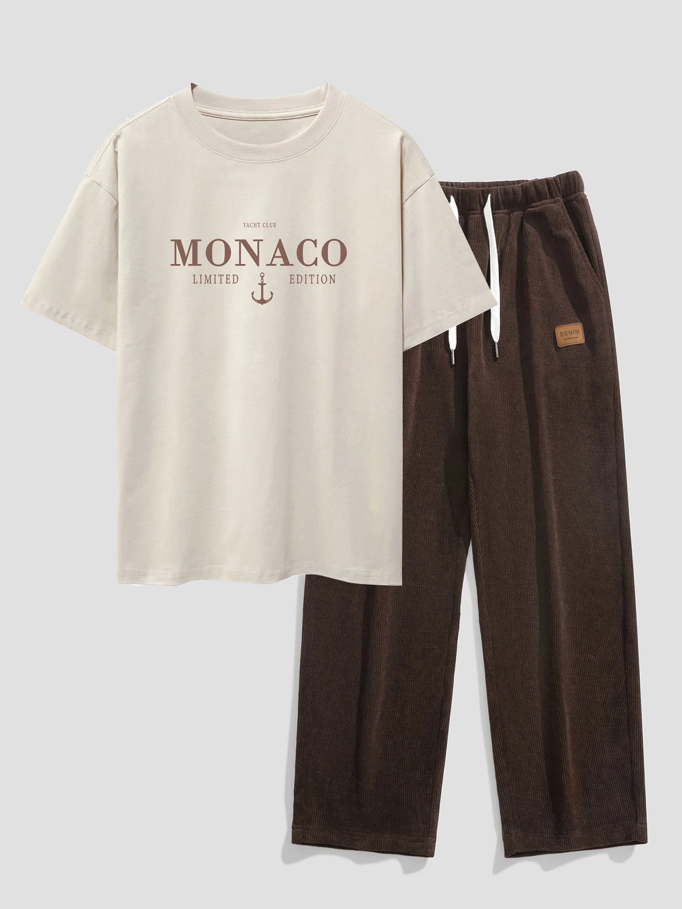 Monaco Slogan Druck Drop Shoulder Oversize T-Shirt & Gerade Bein Cordhosen