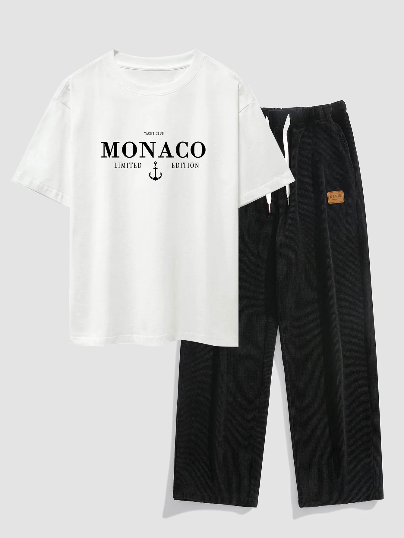 Monaco Slogan Druck Drop Shoulder Oversize T-Shirt & Gerade Bein Cordhosen - Image 2