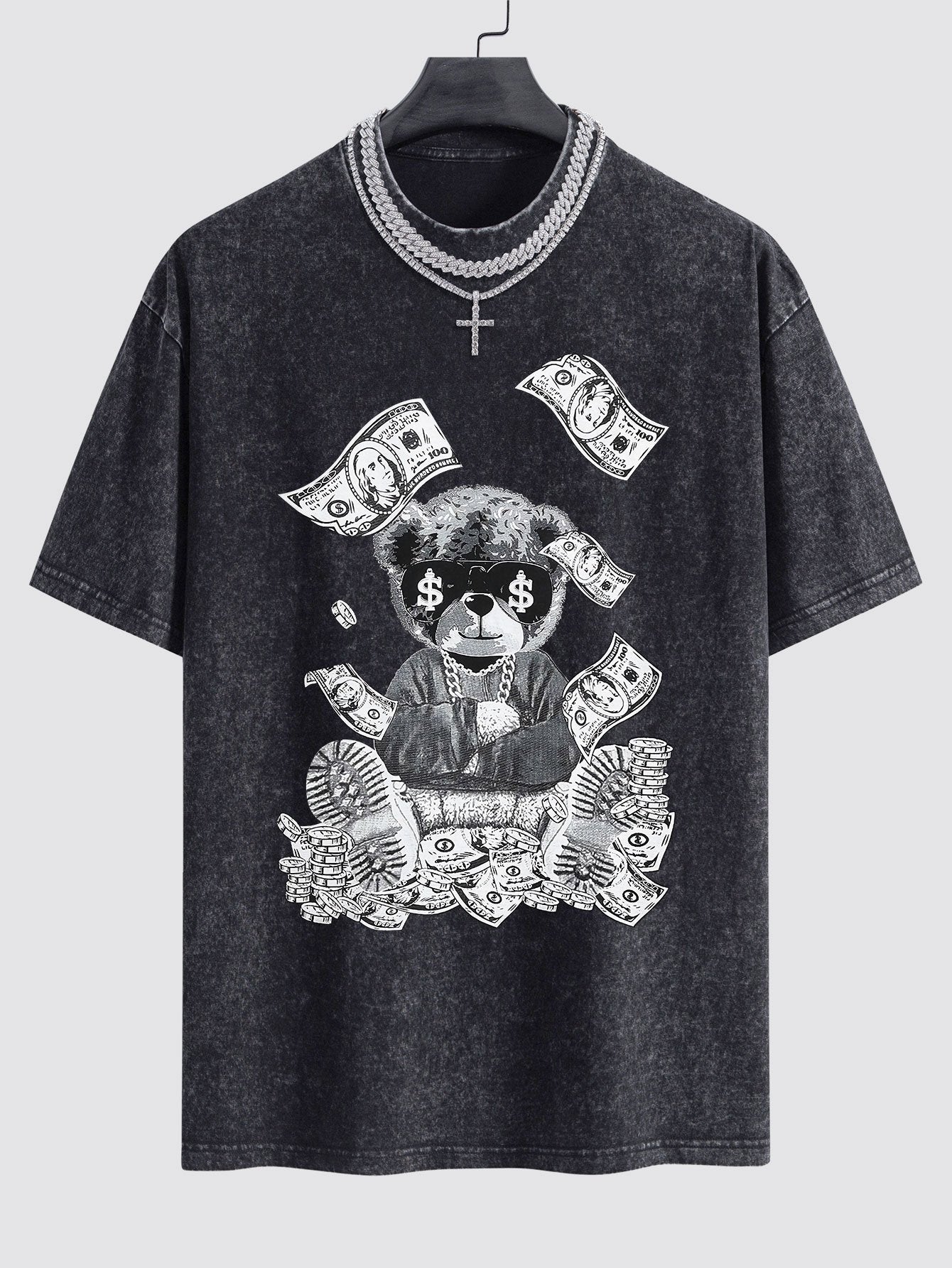 Money Bear Print Gewaschenes Drop Shoulder Oversize T-Shirt