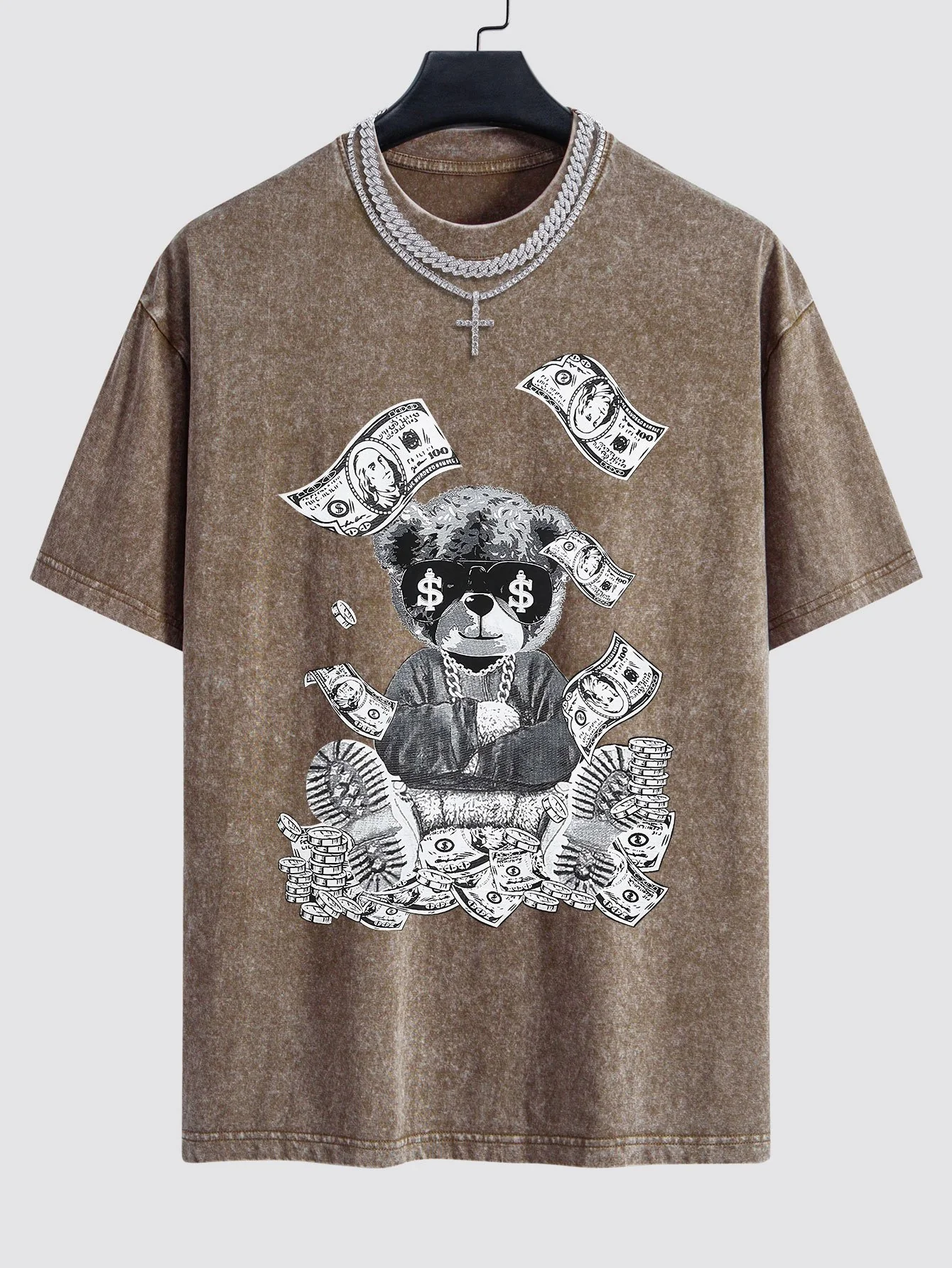 Money Bear Print Gewaschenes Drop Shoulder Oversize T-Shirt - Image 3