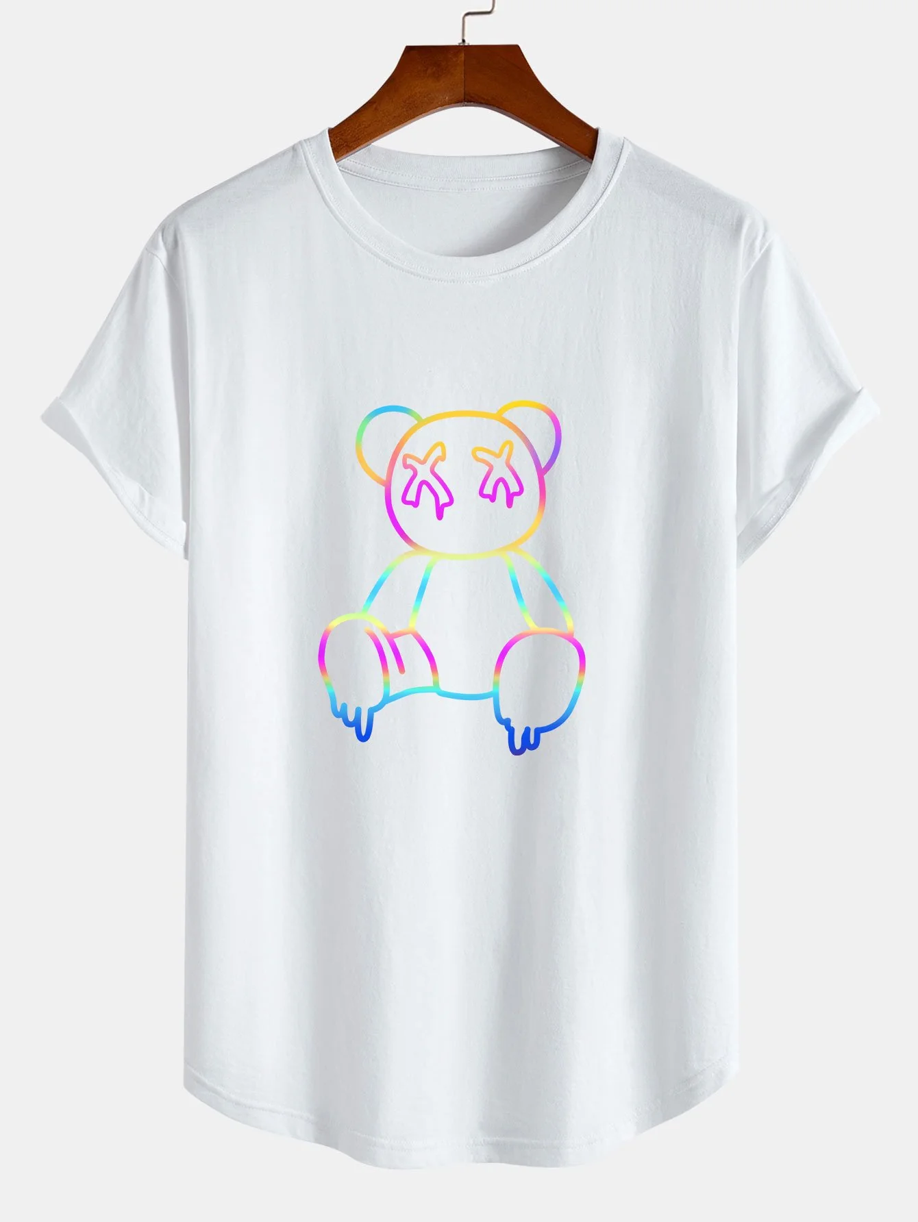 Multicolor Bärenprint Baumwoll-T-Shirt mit abgerundetem Saum - Image 3