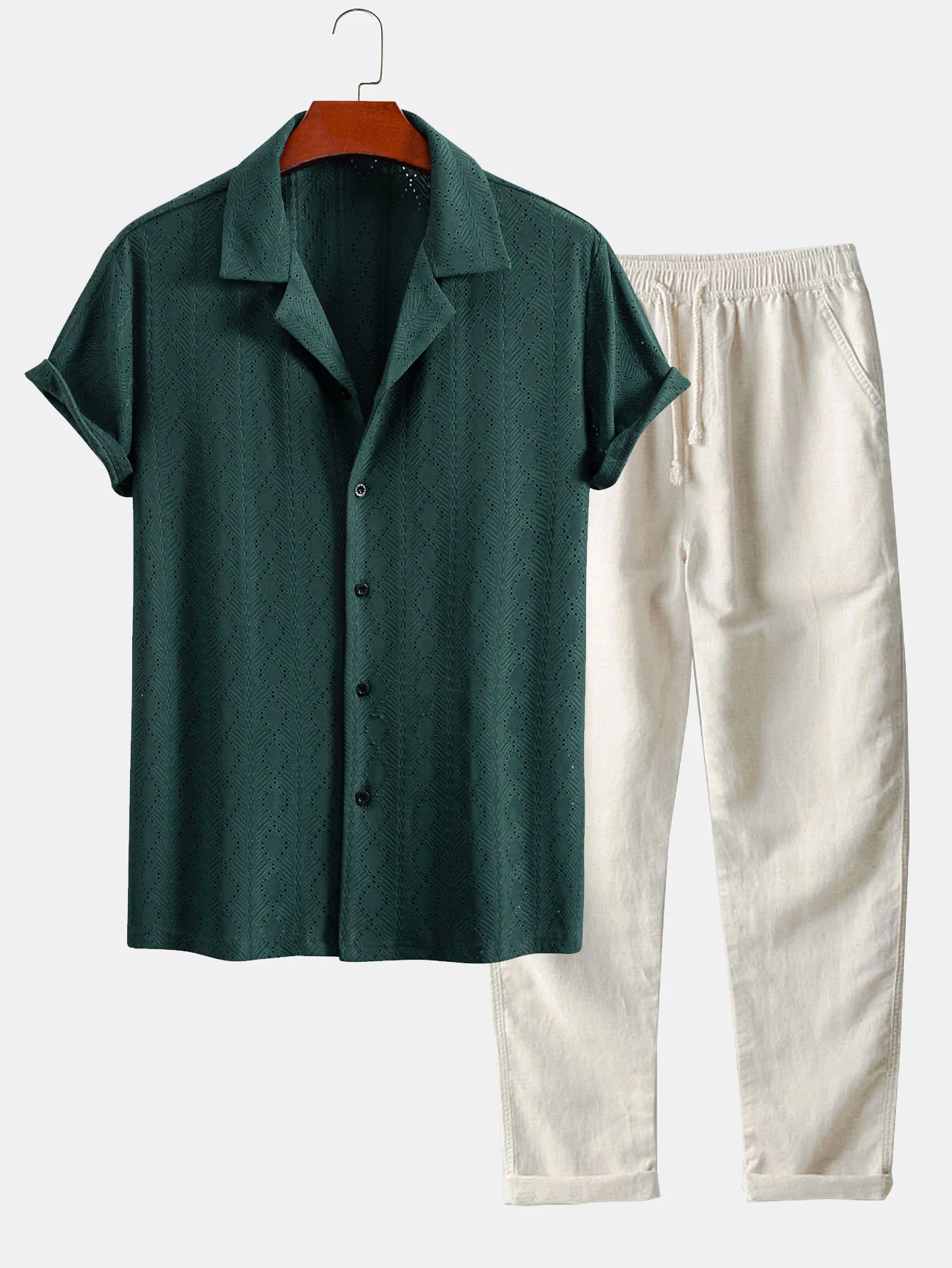 Muscle Fit Diamantstruktur Cuban Shirt & Gerade Bein Leinenhose