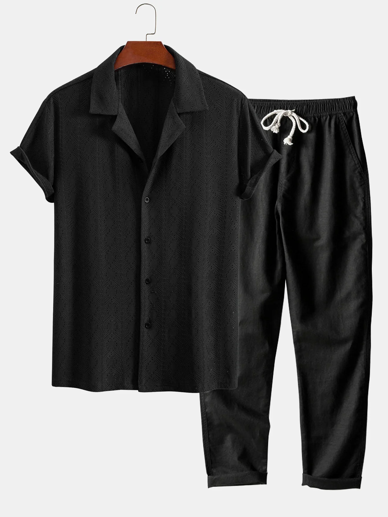 Muscle Fit Diamantstruktur Cuban Shirt & Gerade Bein Leinenhose - Image 2