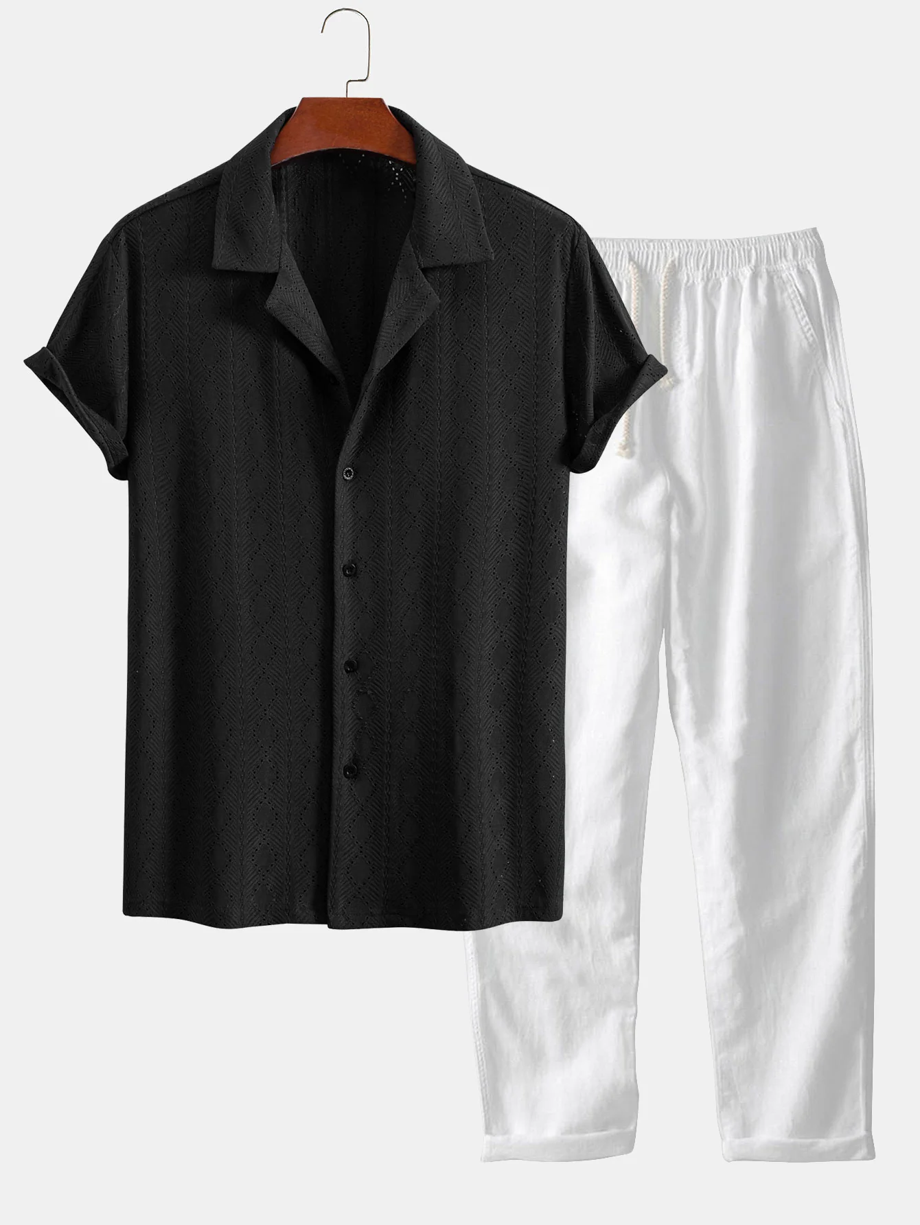 Muscle Fit Diamantstruktur Cuban Shirt & Gerade Bein Leinenhose - Image 3