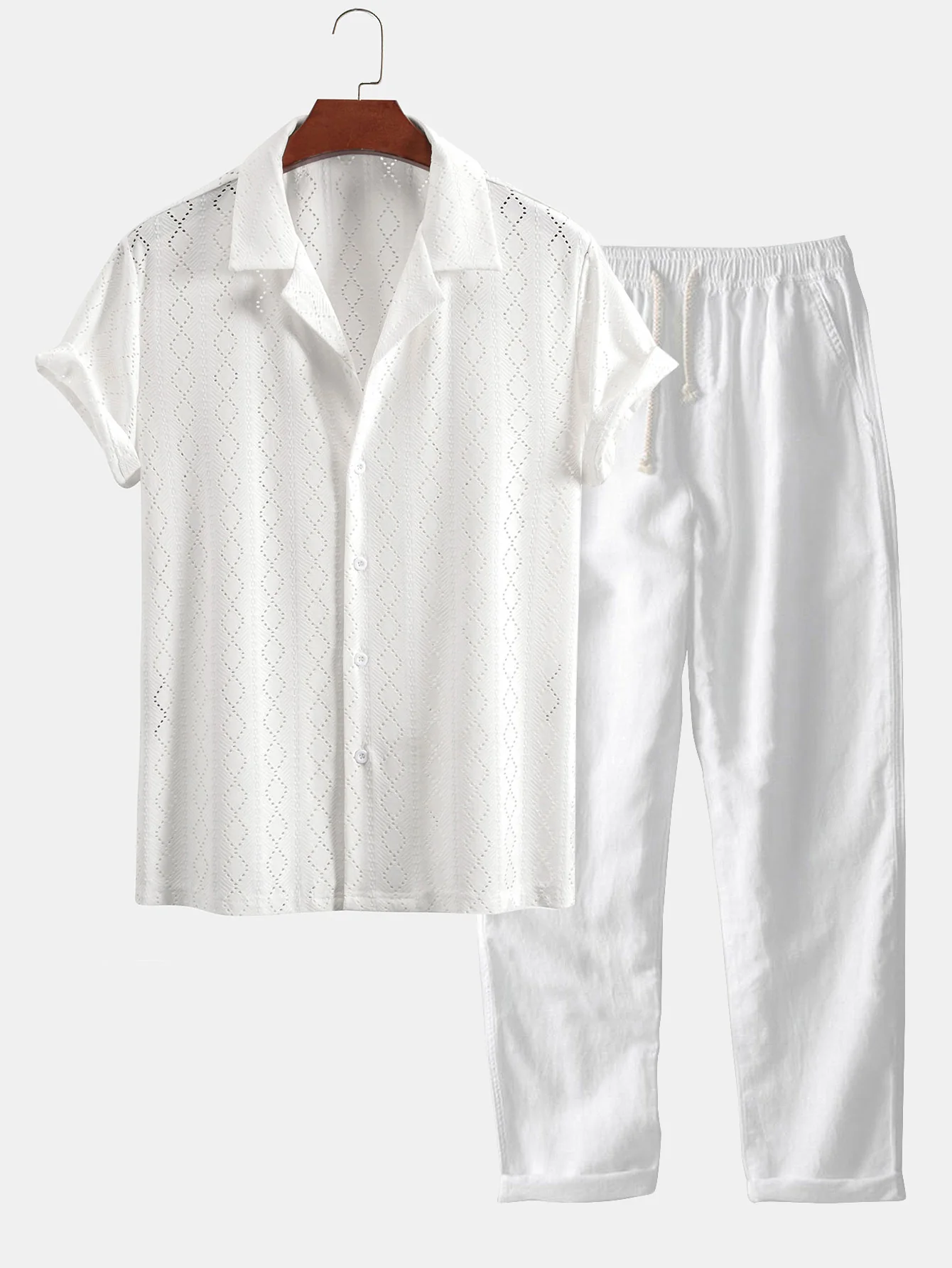 Muscle Fit Diamantstruktur Cuban Shirt & Gerade Bein Leinenhose - Image 4