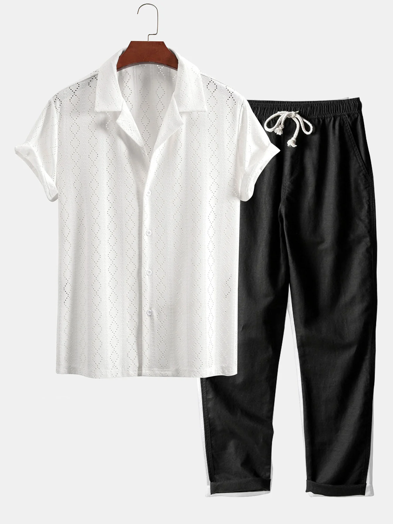 Muscle Fit Diamantstruktur Cuban Shirt & Gerade Bein Leinenhose - Image 5