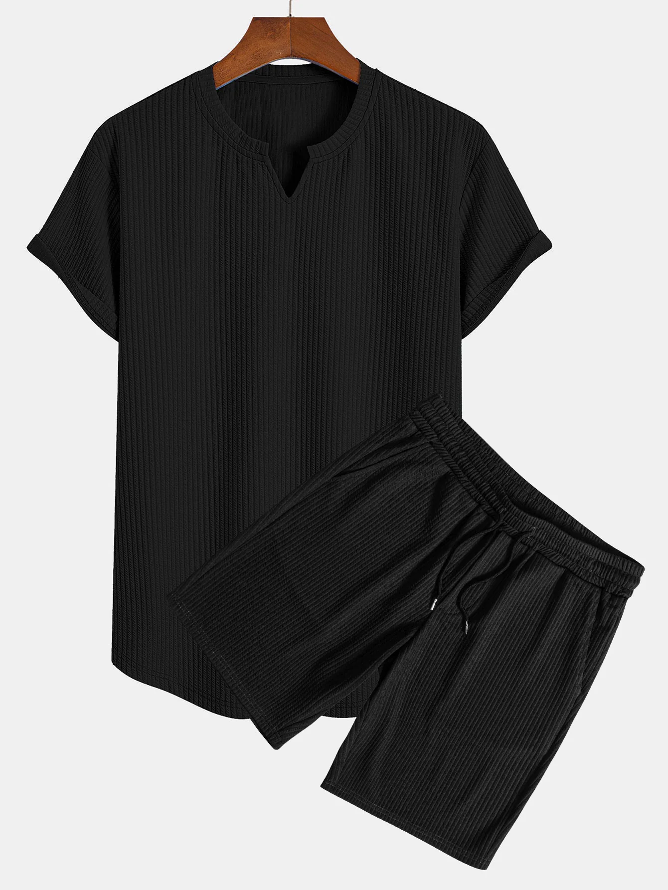 Muscle Fit Notch Ribbed Arc Hem T-Shirt & Drawstring Ribbed Shorts - Image 2
